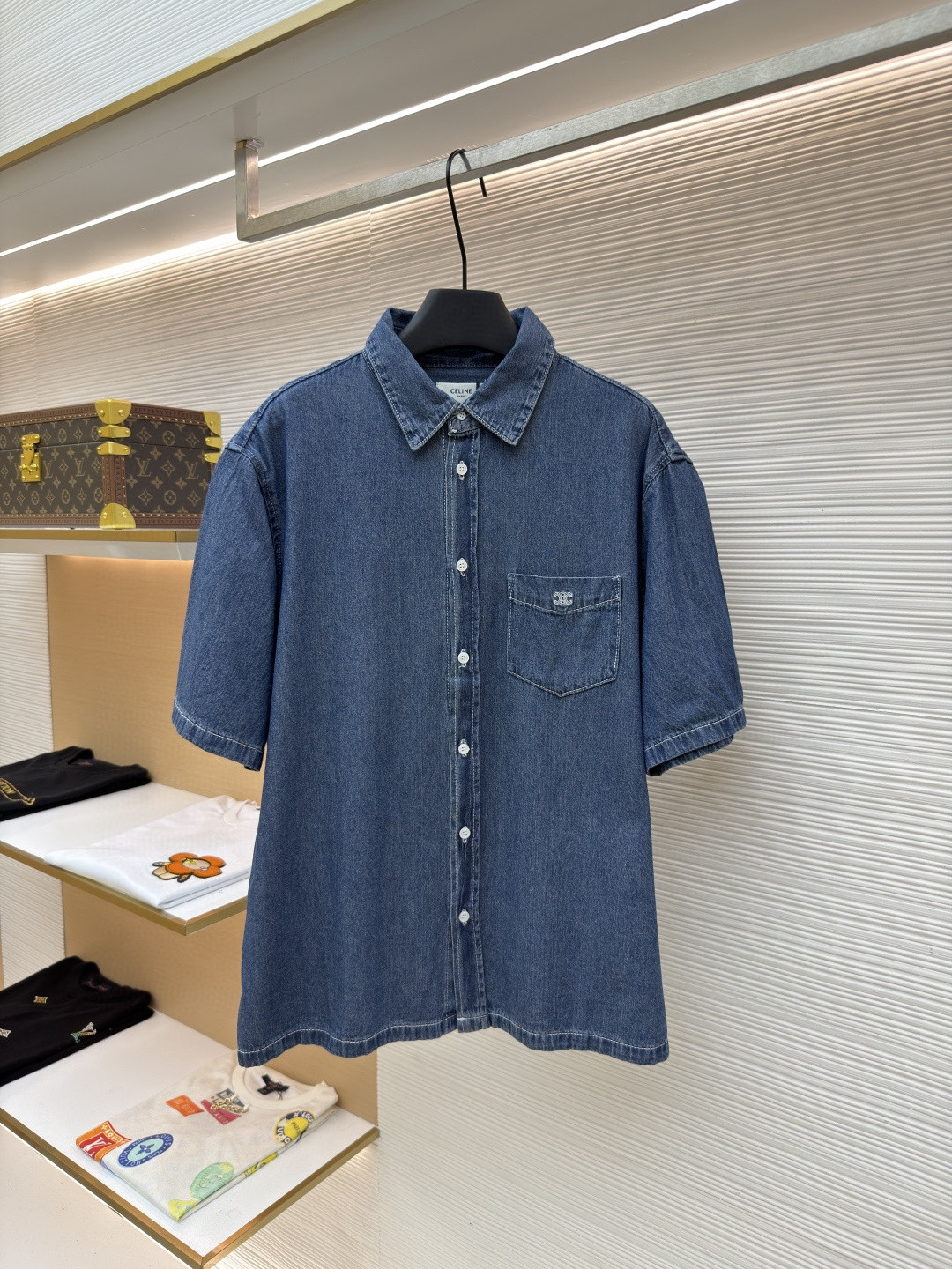 CELINE 赛琳 刺绣牛仔衬衫 外套 短袖 夏款 蓝色 A7 RC0D7208I-07UO