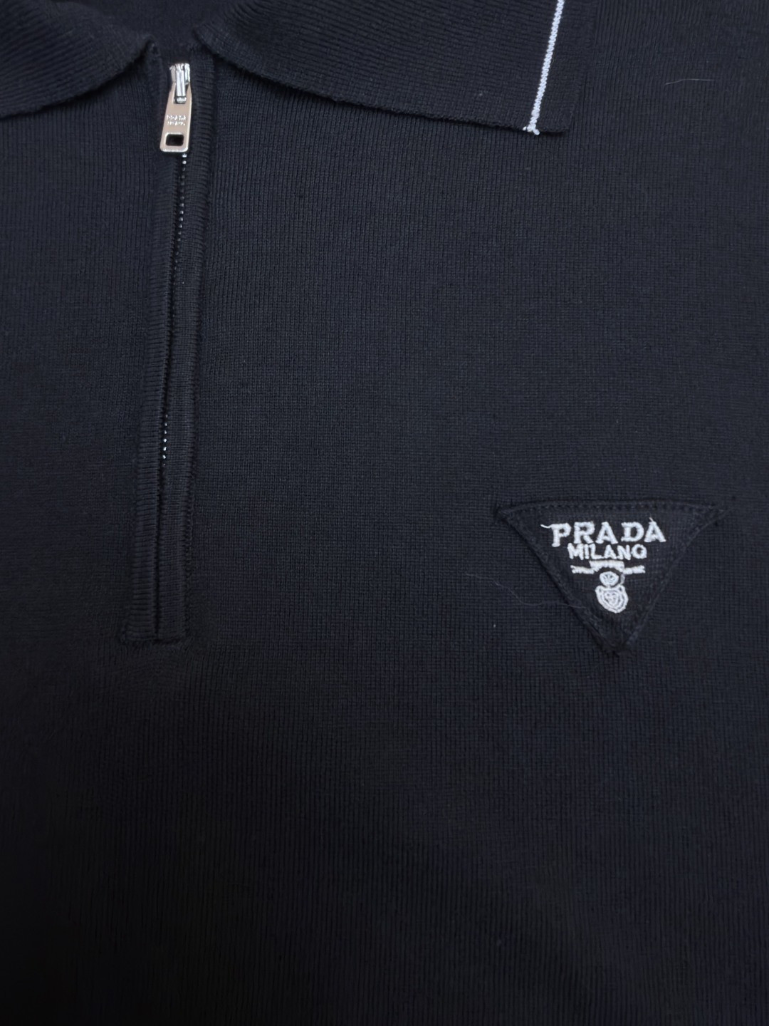 PRADA 普拉达 三角徽标半拉链针织Polo衫 短袖 T恤 蓝黑色 A25 UMB488-12D8-F0002-S-231