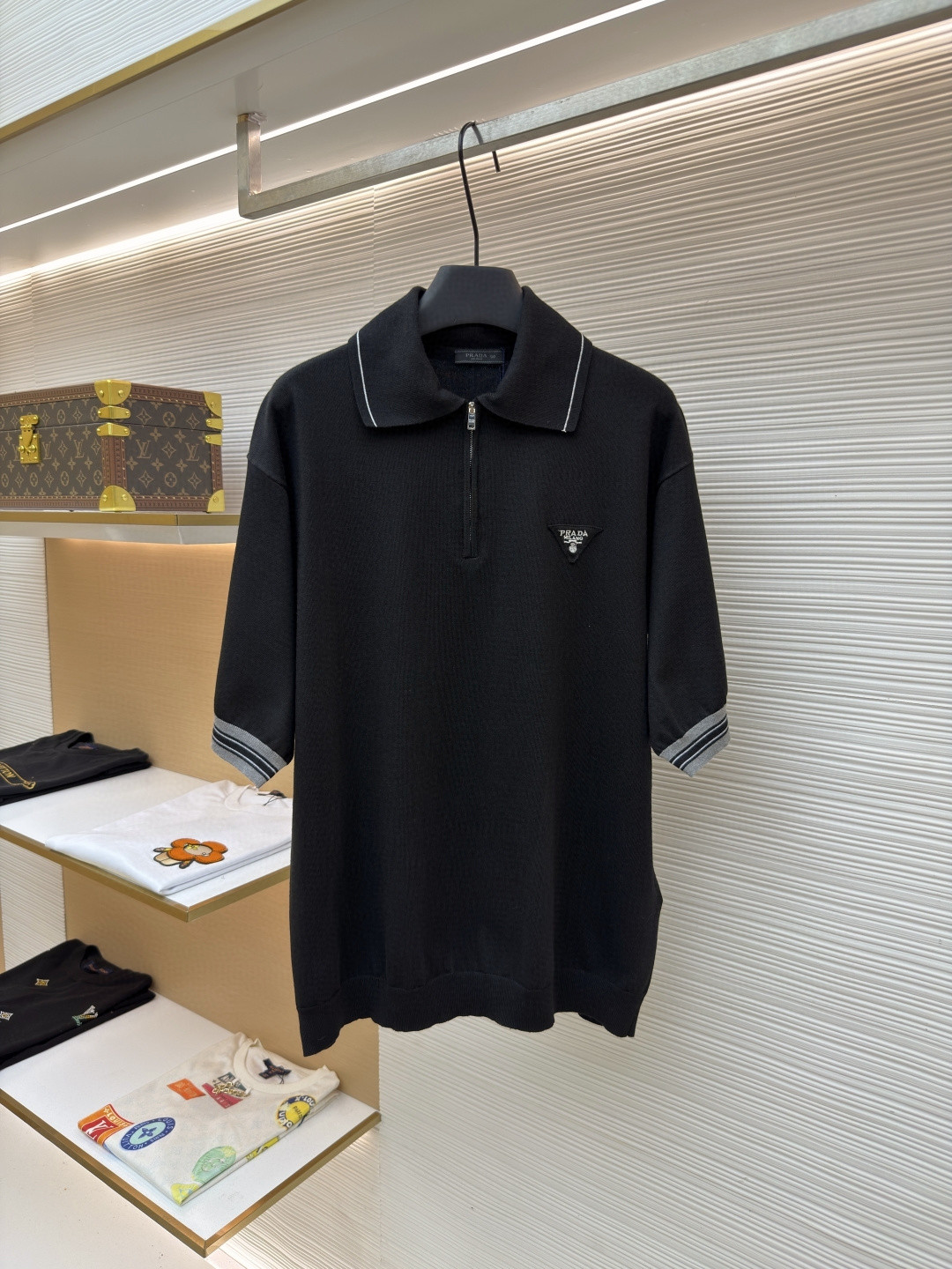 PRADA 普拉达 三角徽标半拉链针织Polo衫 短袖 T恤 蓝黑色 A25 UMB488-12D8-F0002-S-231