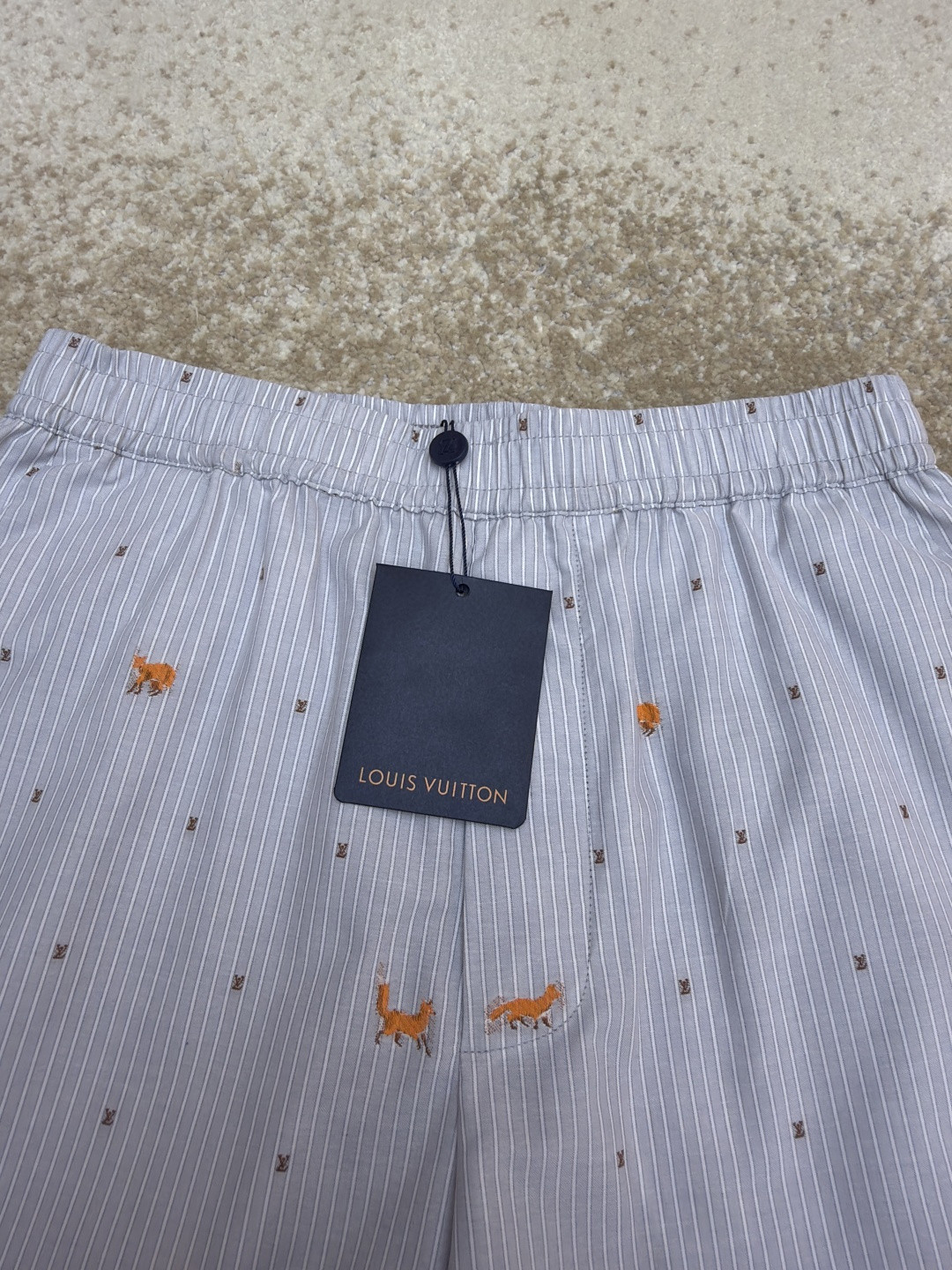 LOUIS VUITTON 路易威登 LV 狐狸刺绣条纹松紧腰短裤 休闲裤 裤子 五分裤 蓝色 B0