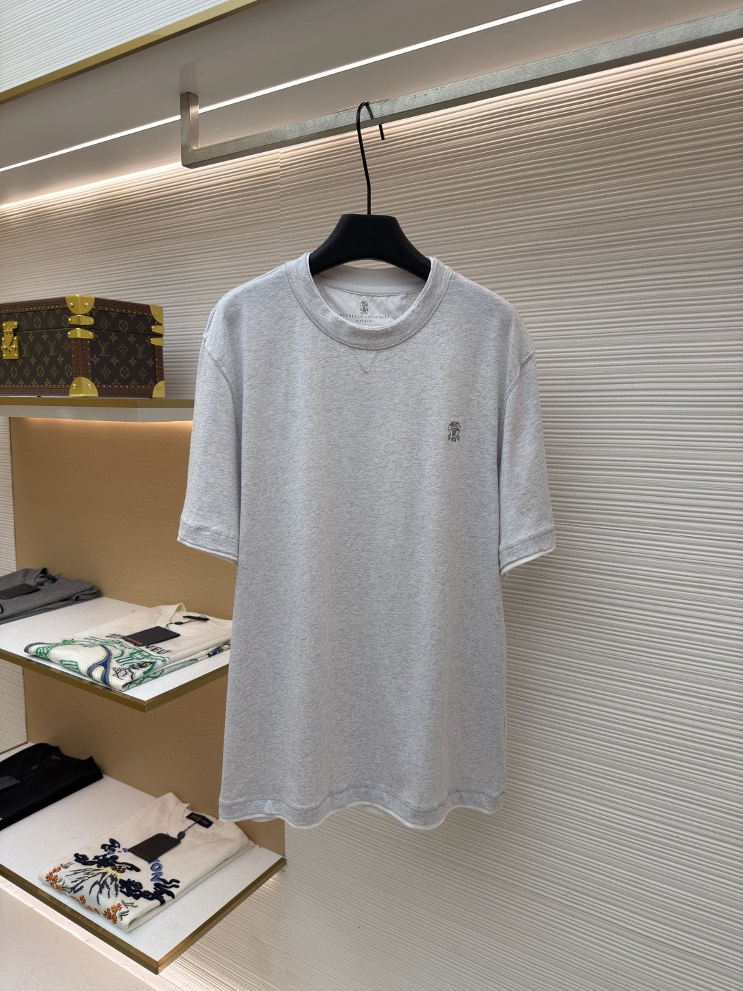 Brunello Cucinelli BC 刺绣饰章叠层圆领短袖 T恤 蓝色 灰色 A0 M0B137451G-CD325