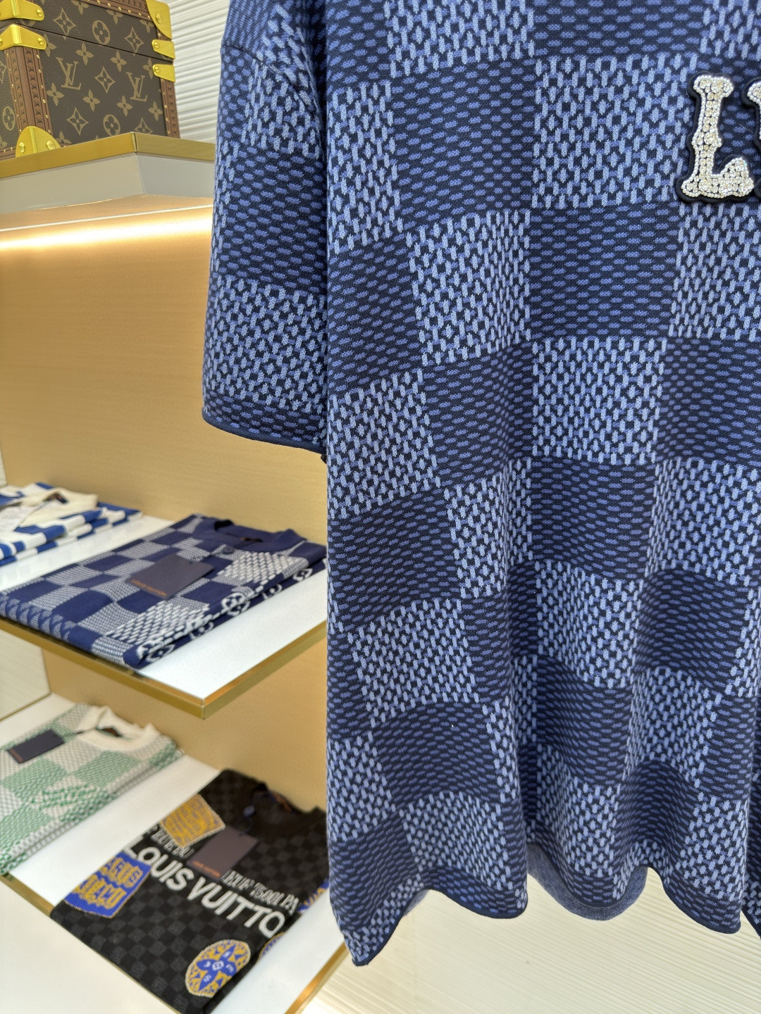 LOUIS VUITTON 路易威登 棋盘格 格纹钉珠针织衫短袖 T恤 棕色 蓝色 B0 1AFIUP