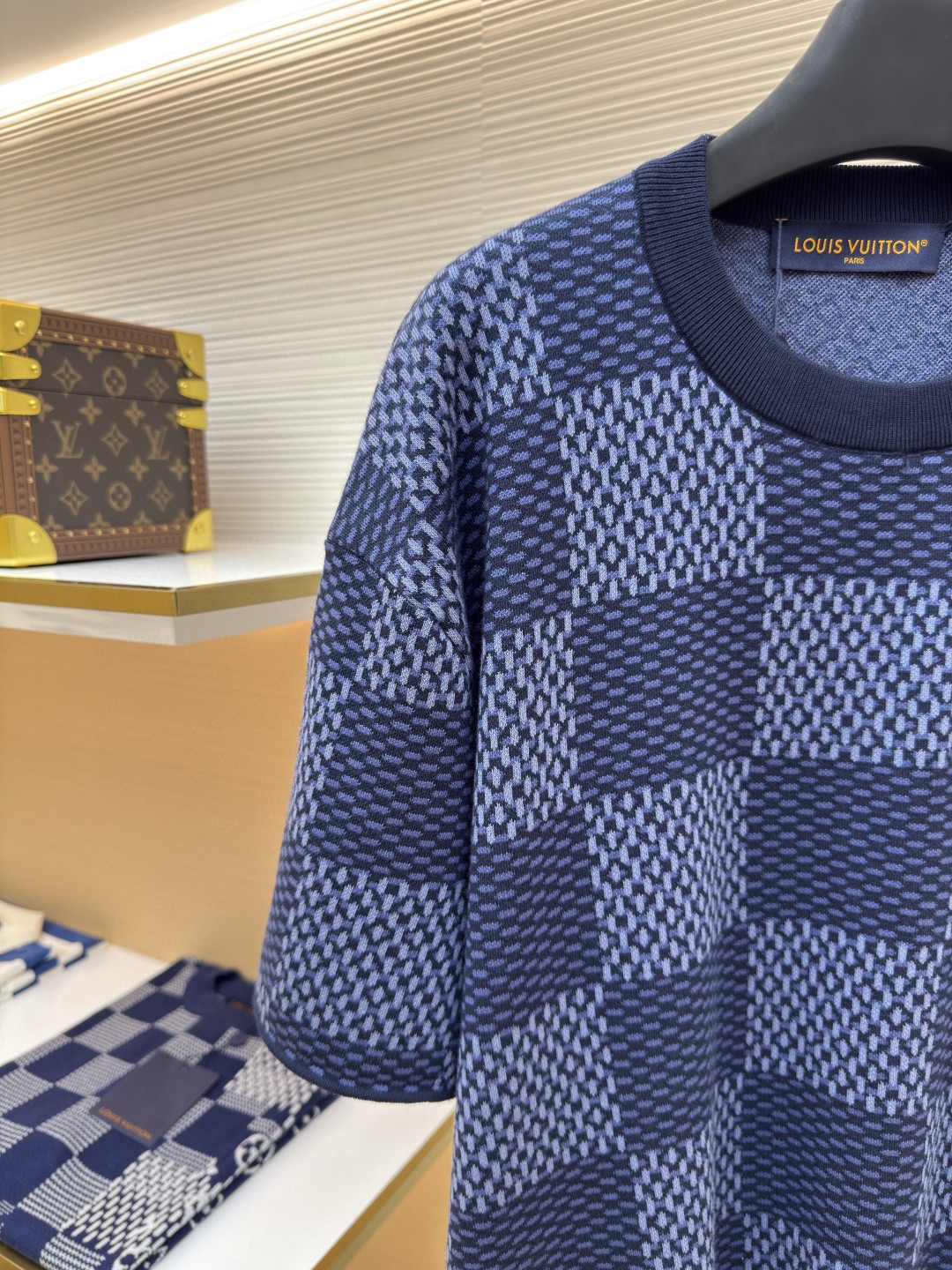 LOUIS VUITTON 路易威登 棋盘格 格纹钉珠针织衫短袖 T恤 棕色 蓝色 B0 1AFIUP