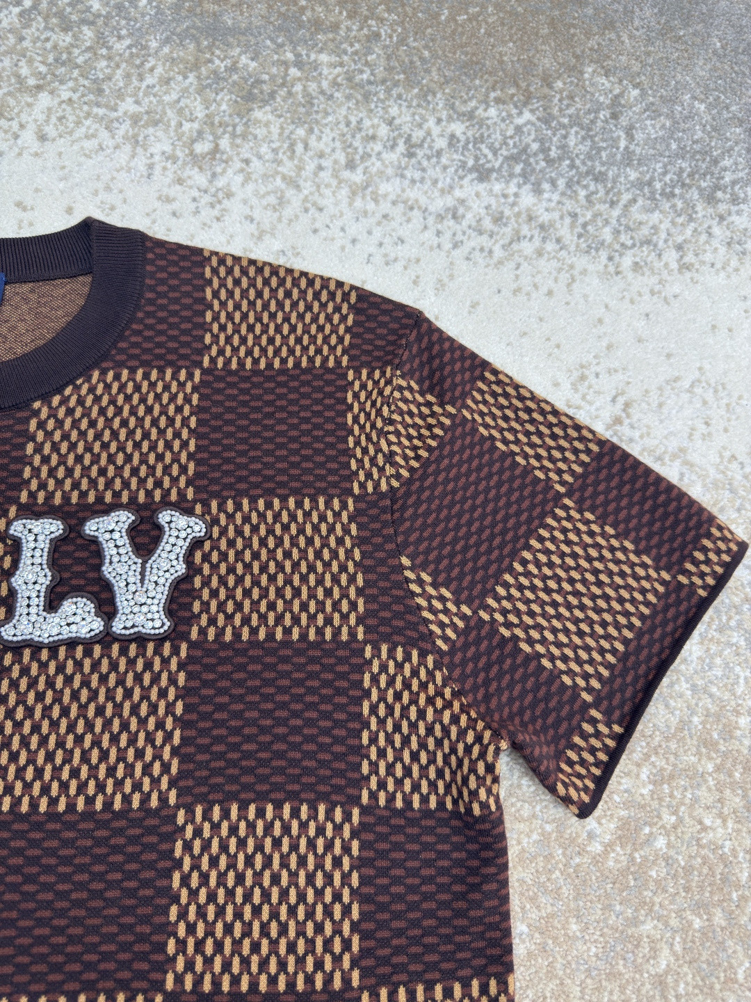 LOUIS VUITTON 路易威登 棋盘格 格纹钉珠针织衫短袖 T恤 棕色 蓝色 B0 1AFIUP