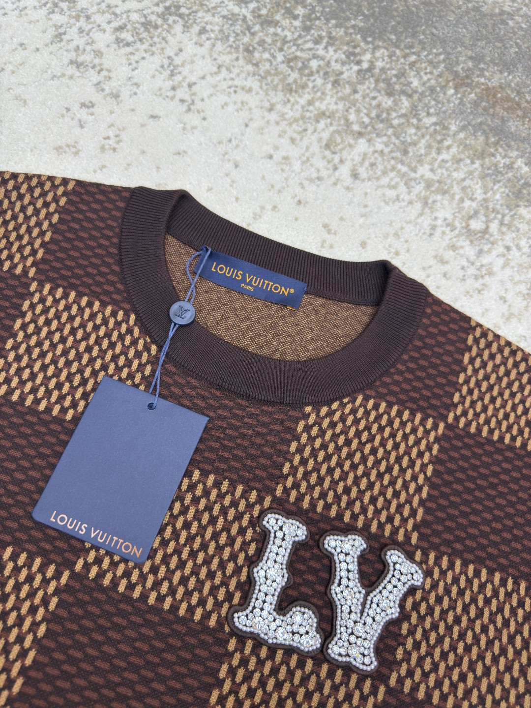 LOUIS VUITTON 路易威登 棋盘格 格纹钉珠针织衫短袖 T恤 棕色 蓝色 B0 1AFIUP