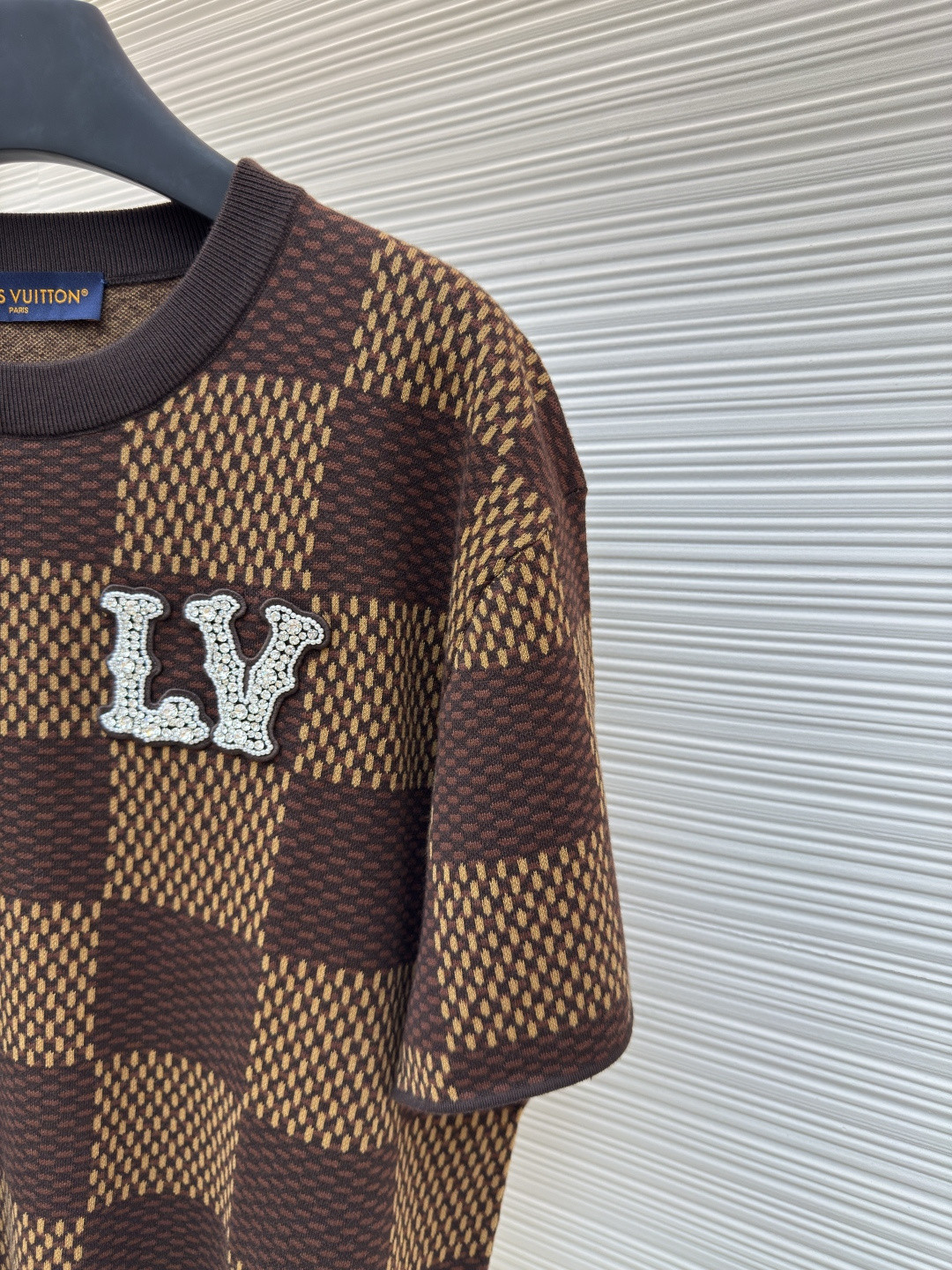 LOUIS VUITTON 路易威登 棋盘格 格纹钉珠针织衫短袖 T恤 棕色 蓝色 B0 1AFIUP