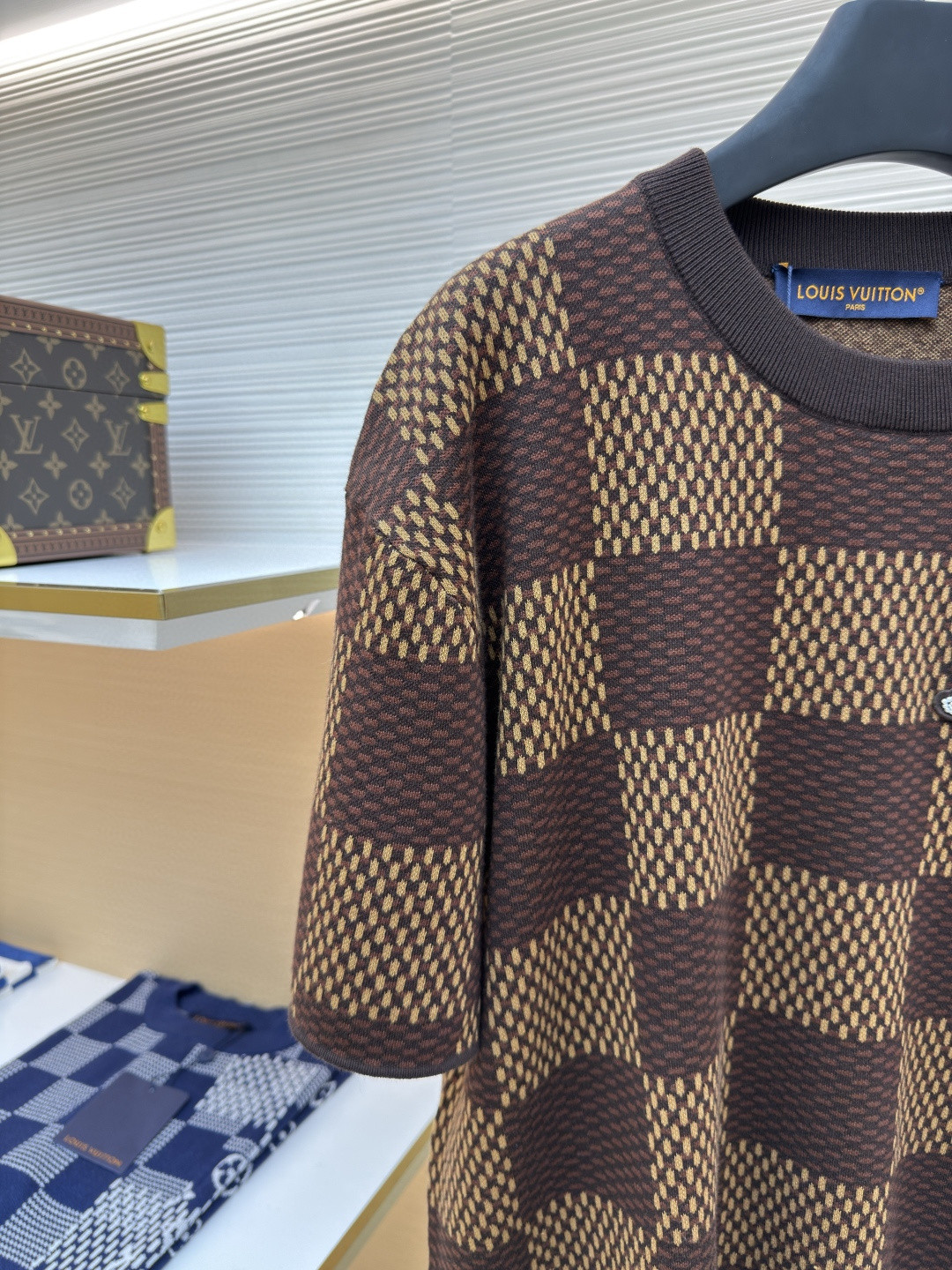 LOUIS VUITTON 路易威登 棋盘格 格纹钉珠针织衫短袖 T恤 棕色 蓝色 B0 1AFIUP