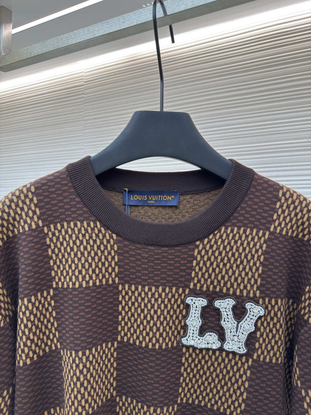 LOUIS VUITTON 路易威登 棋盘格 格纹钉珠针织衫短袖 T恤 棕色 蓝色 B0 1AFIUP