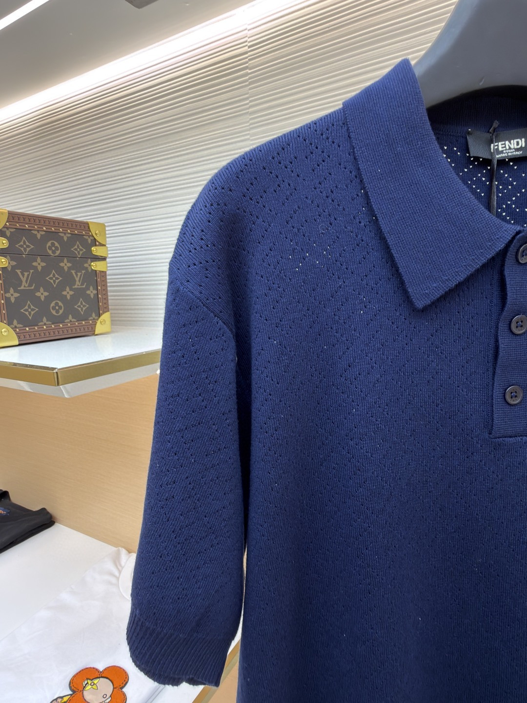 FENDI 芬迪 老钱风镂空针织Polo衫 针织衫 短袖 白色 藏蓝色 B0 FZC162B04UF0QA2