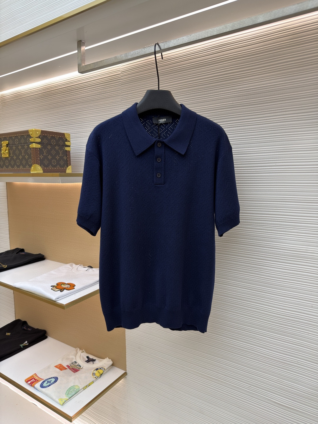 FENDI 芬迪 老钱风镂空针织Polo衫 针织衫 短袖 白色 藏蓝色 B0 FZC162B04UF0QA2