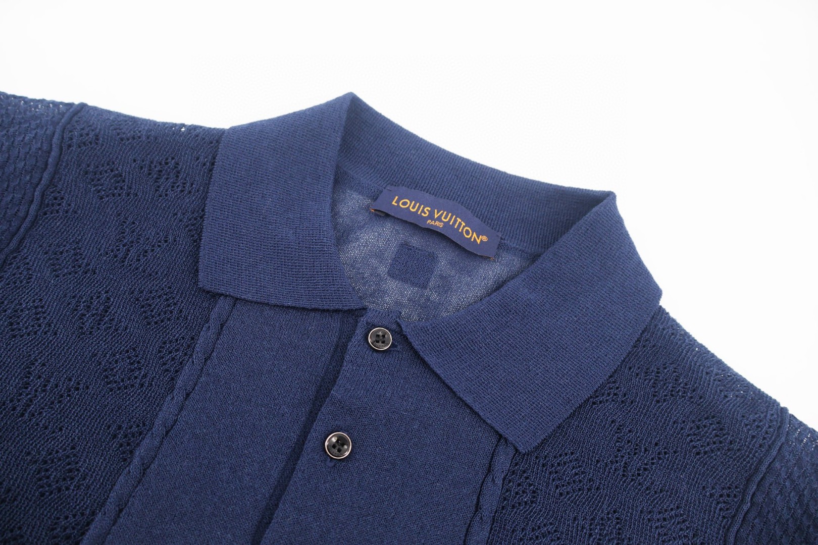 LOUIS VUITTON 路易威登 LV 字母提花拼接绞花针织Polo衫 短袖 针织衫 蓝色 B0 1AJINW