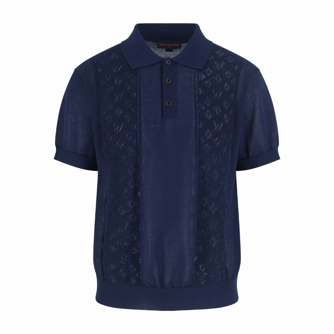 LOUIS VUITTON 路易威登 LV 字母提花拼接绞花针织Polo衫 短袖 针织衫 蓝色 B0 1AJINW