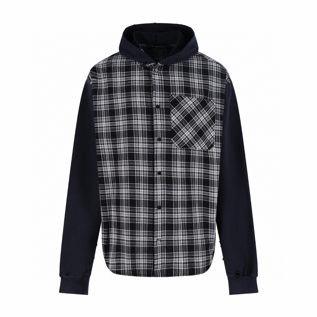 Balenciaga 巴黎世家 格纹拼接连帽衬衫 外套 长袖 黑色 B0 850859TTM021240