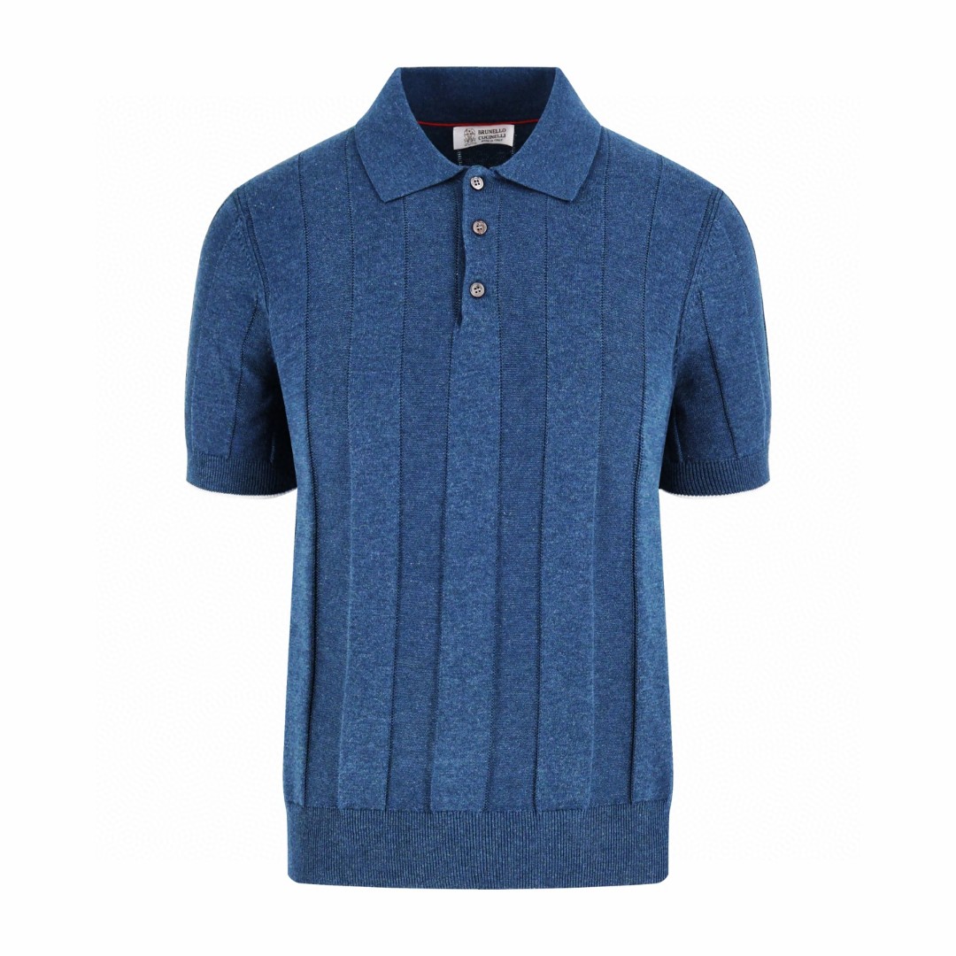 Brunello Cucinelli BC 竖条纹亚麻Polo衫 针织衫 短袖 棕色 蓝色 B0 