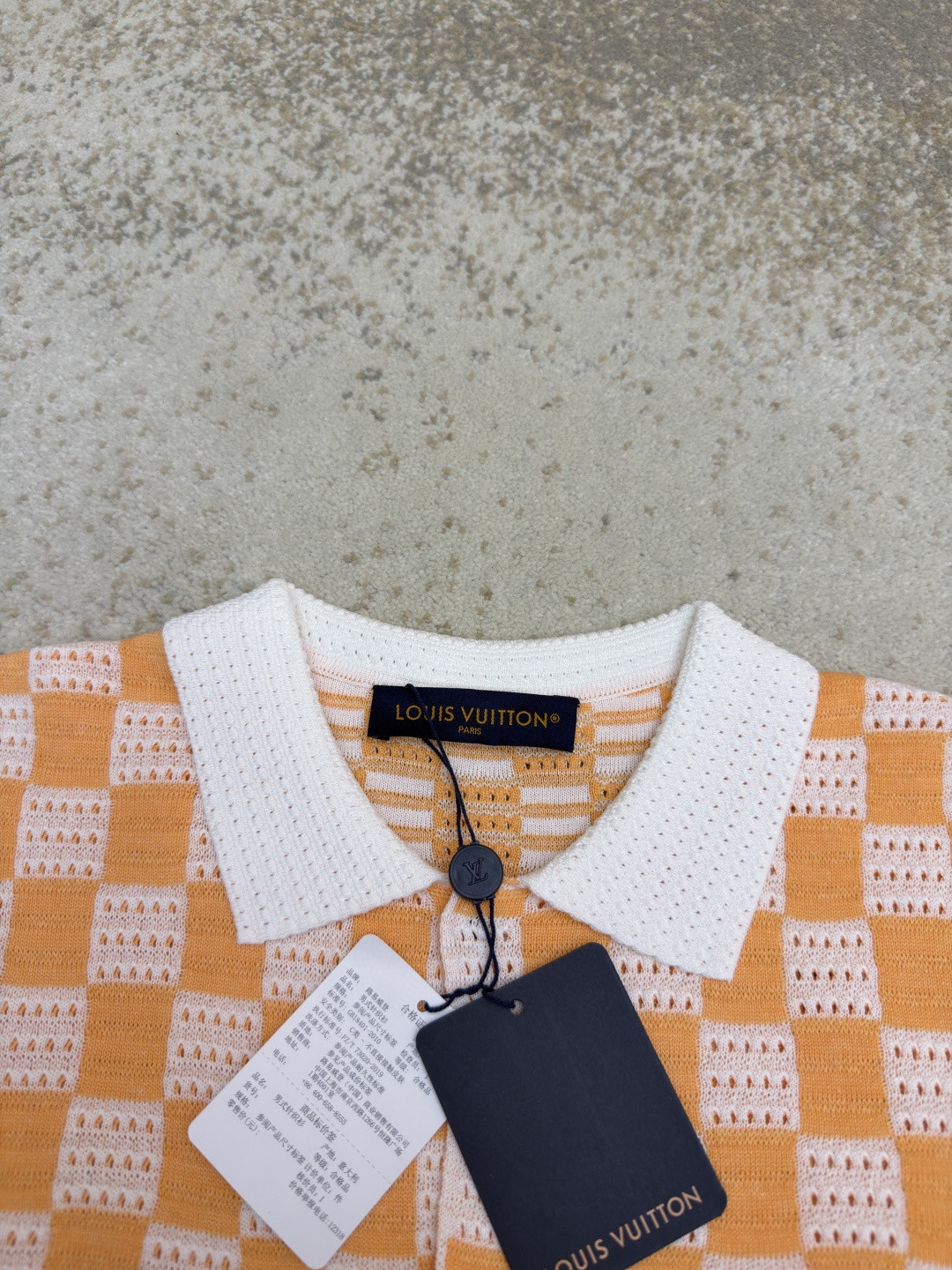 LOUIS VUITTON 路易威登 LV 棋盘格肌理针织衬衫 开衫 针织衫 短袖 夏款 白橙色 B0