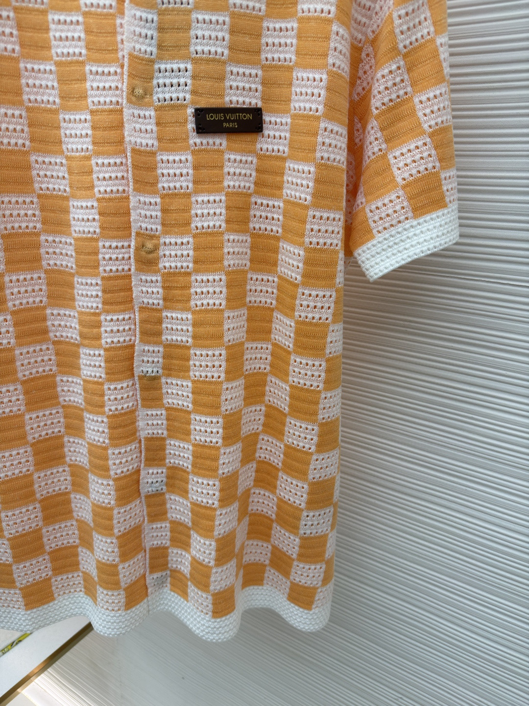 LOUIS VUITTON 路易威登 LV 棋盘格肌理针织衬衫 开衫 针织衫 短袖 夏款 白橙色 B0