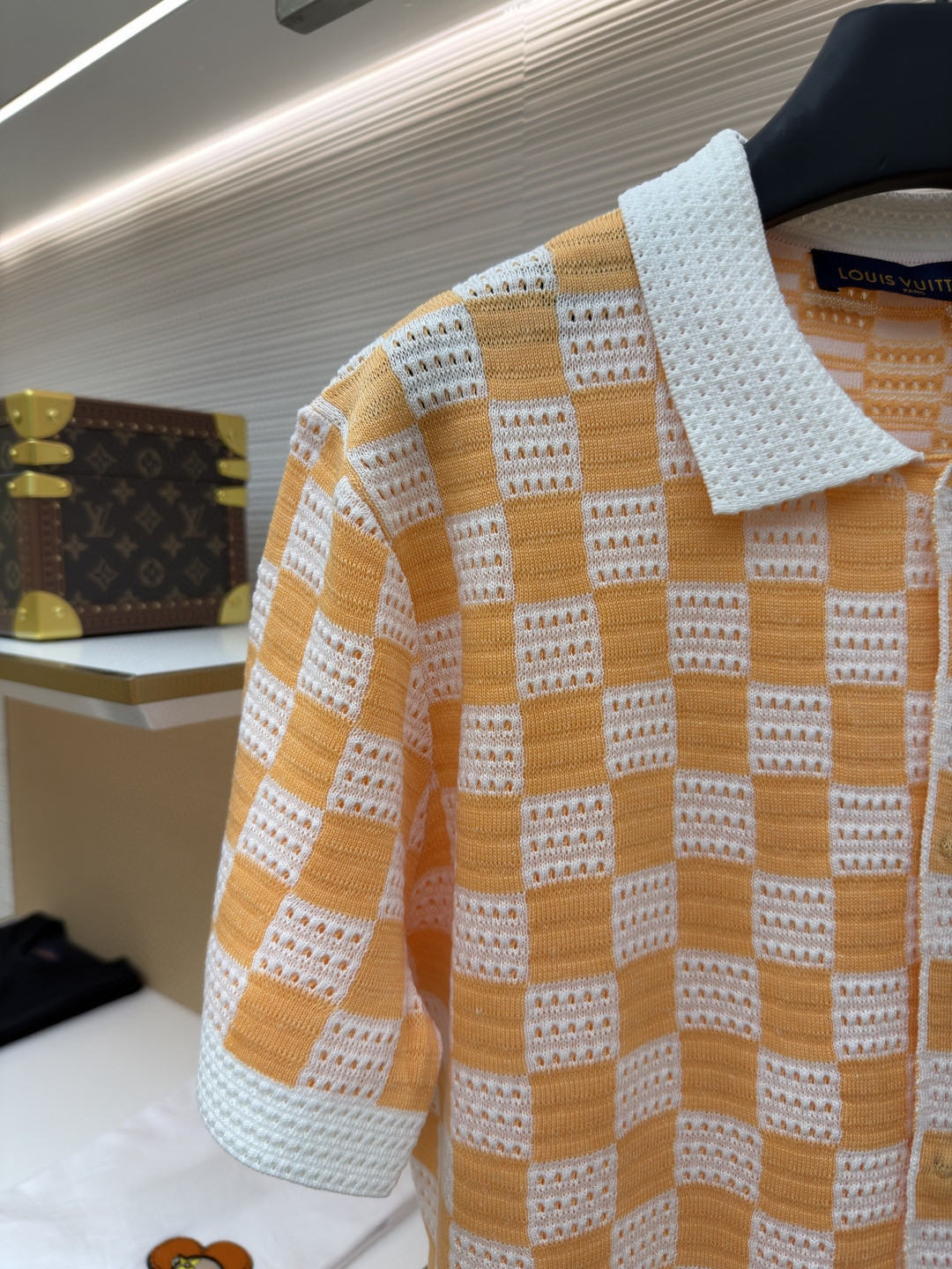LOUIS VUITTON 路易威登 LV 棋盘格肌理针织衬衫 开衫 针织衫 短袖 夏款 白橙色 B0