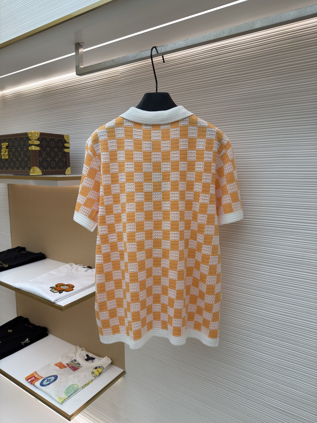 LOUIS VUITTON 路易威登 LV 棋盘格肌理针织衬衫 开衫 针织衫 短袖 夏款 白橙色 B0