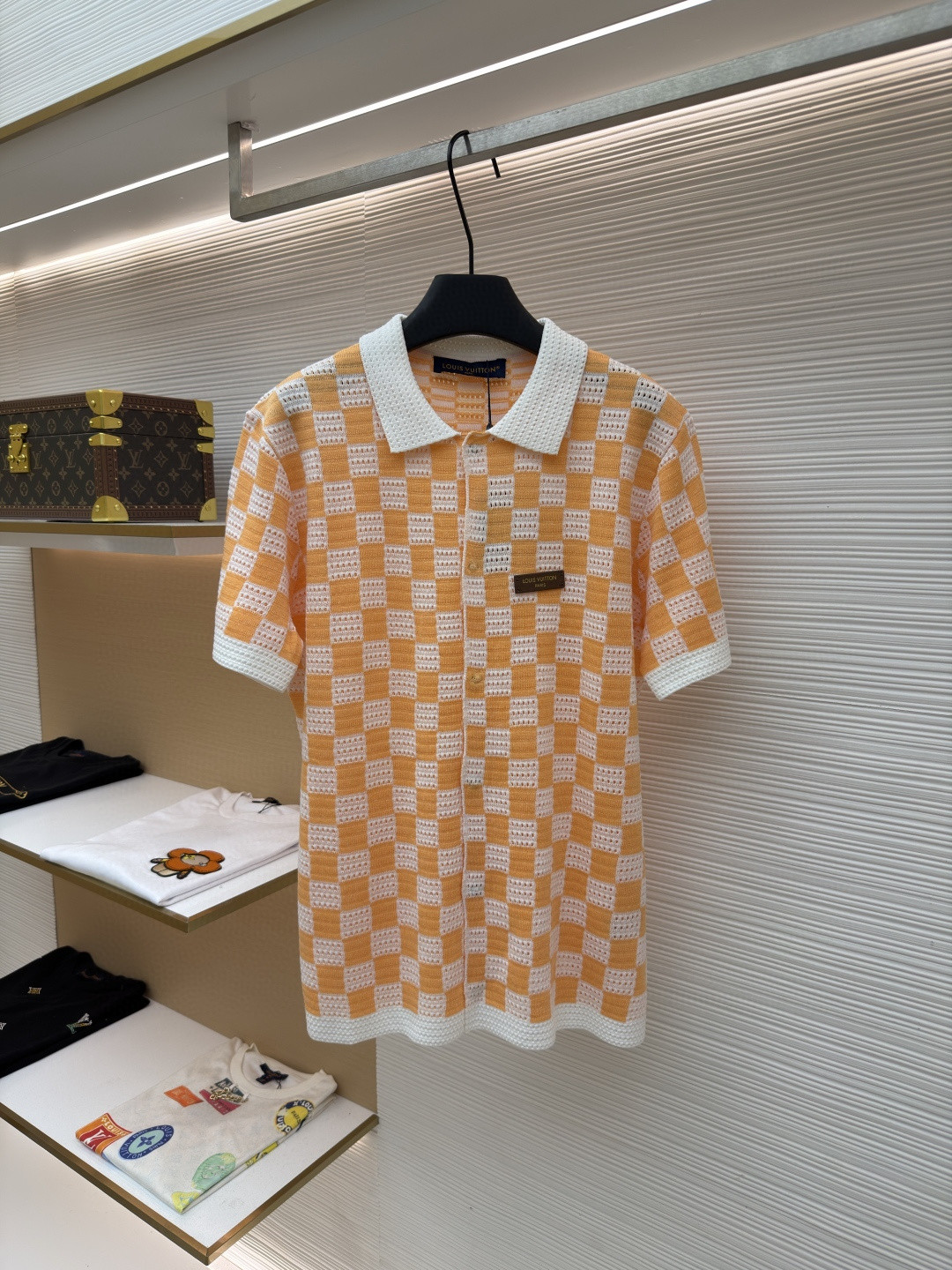 LOUIS VUITTON 路易威登 LV 棋盘格肌理针织衬衫 开衫 针织衫 短袖 夏款 白橙色 B0