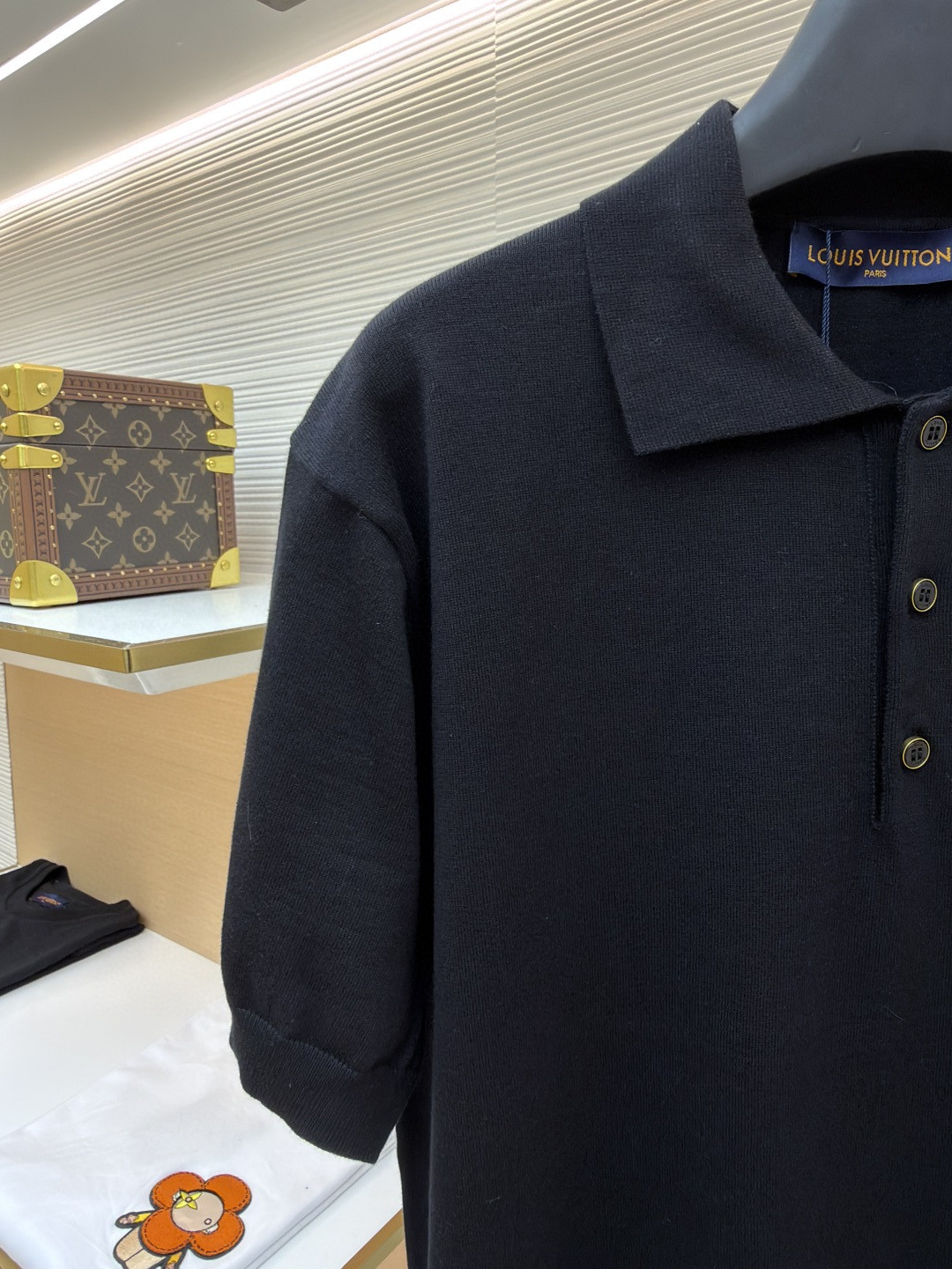 LOUIS VUITTON 路易威登 LV 字母皮牌标识针织Polo衫 短袖 夏款 黑色 B0 1AK71C
