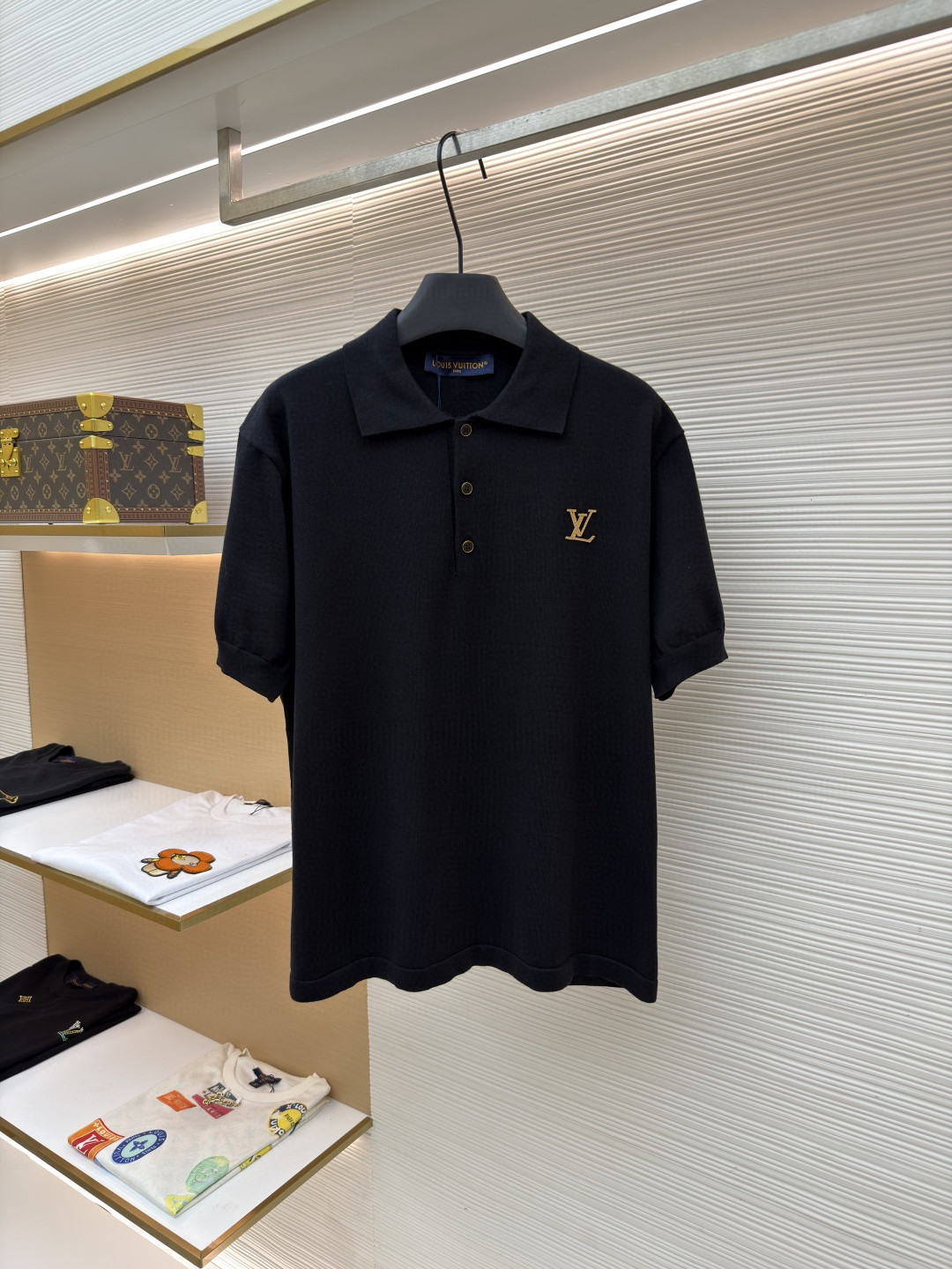 LOUIS VUITTON 路易威登 LV 字母皮牌标识针织Polo衫 短袖 夏款 黑色 B0 1AK71C