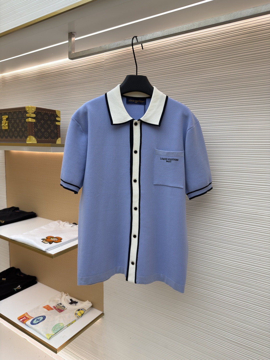 LOUIS VUITTON 路易威登 LV 口袋字母拼色针织衬衫 短袖 夏款 白色 蓝色 B0 1AK6X1