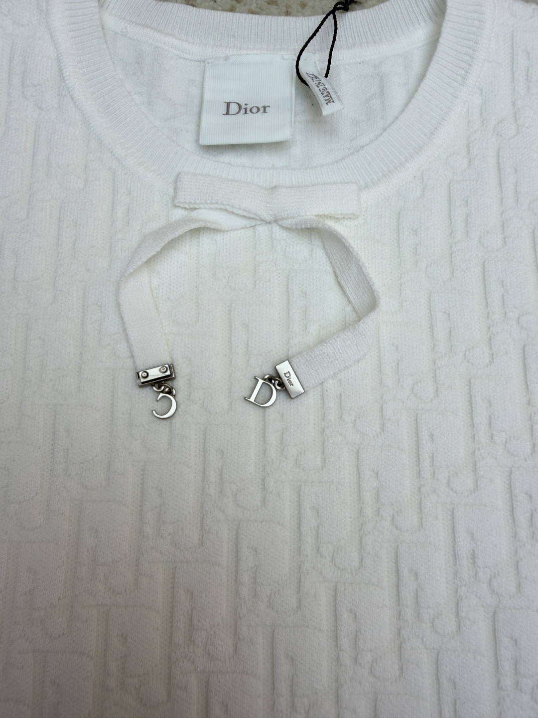 DIOR 迪奥 满印挂饰针织毛衣圆领短袖 T恤 夏季 女款 白色 蓝色 B0 624S24A5E33-X0400
