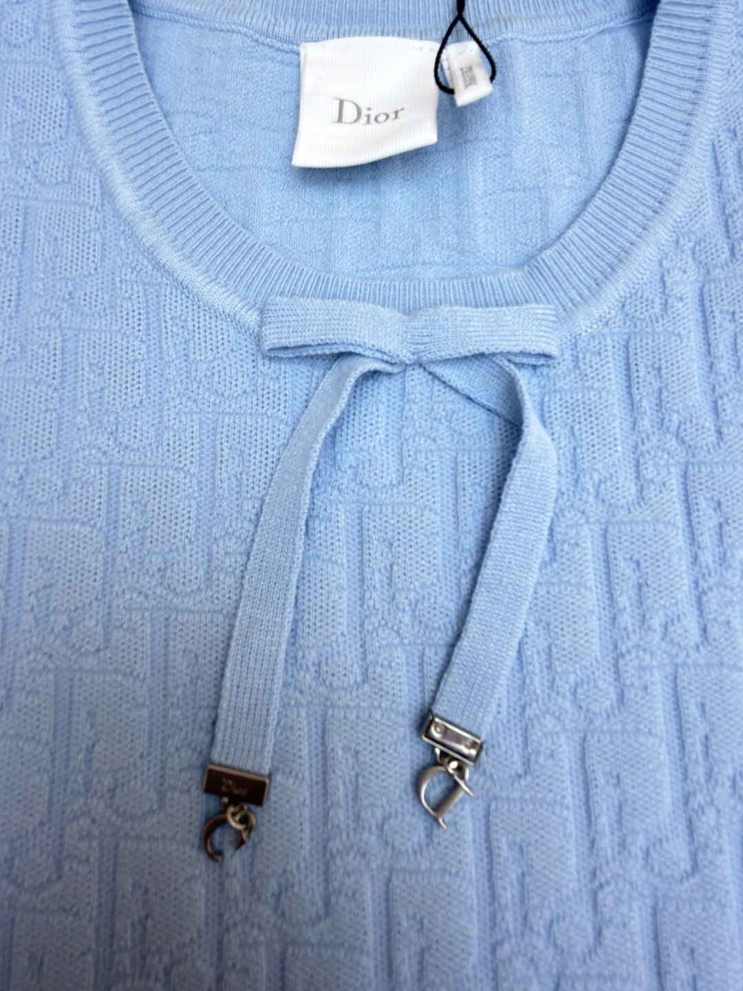 DIOR 迪奥 满印挂饰针织毛衣圆领短袖 T恤 夏季 女款 白色 蓝色 B0 624S24A5E33-X0400