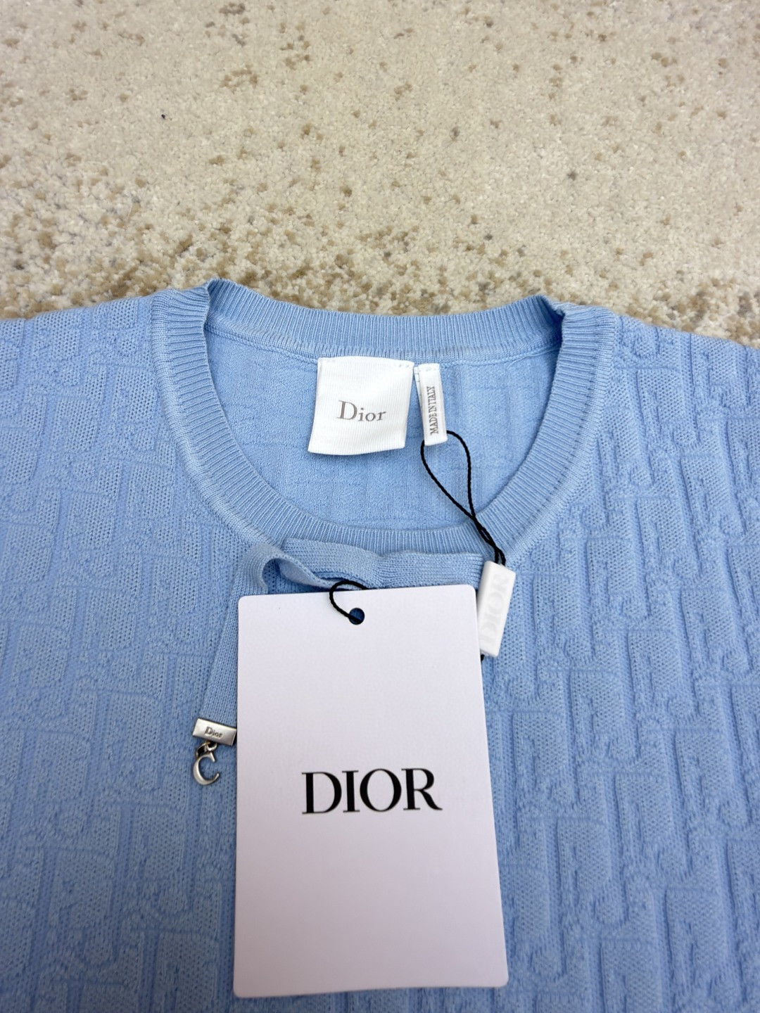 DIOR 迪奥 满印挂饰针织毛衣圆领短袖 T恤 夏季 女款 白色 蓝色 B0 624S24A5E33-X0400
