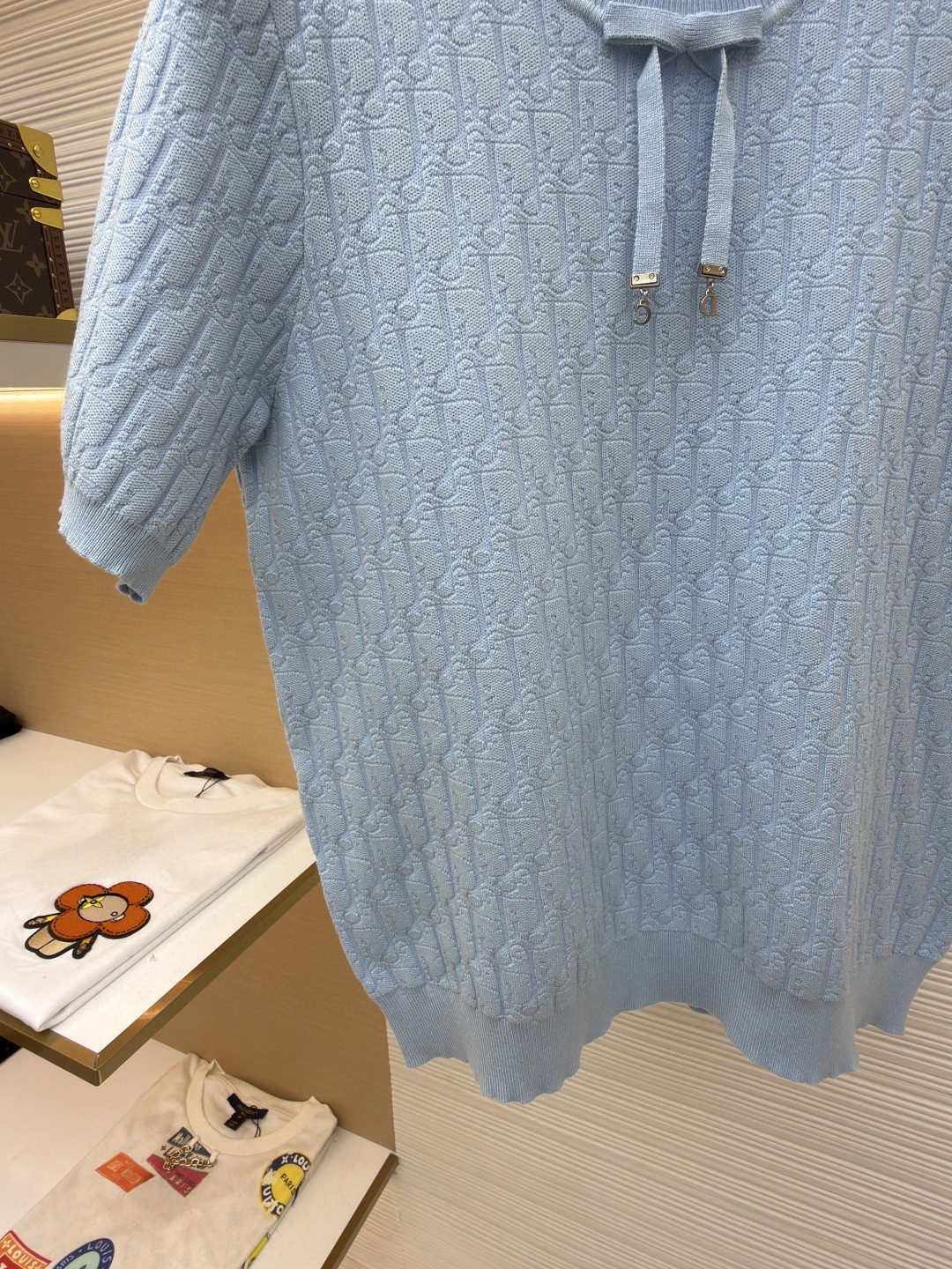 DIOR 迪奥 满印挂饰针织毛衣圆领短袖 T恤 夏季 女款 白色 蓝色 B0 624S24A5E33-X0400