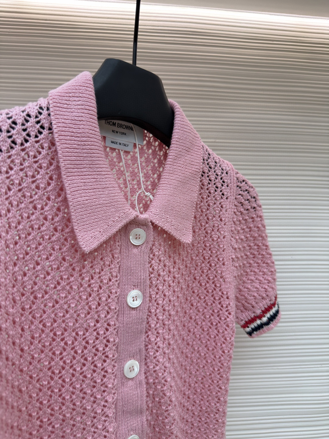 THOM BROWNE 条纹镂空针织衫 开衫 短袖 女款 灰色 蓝色 藏蓝色 粉色 B0 FKC694A-Y3062-065