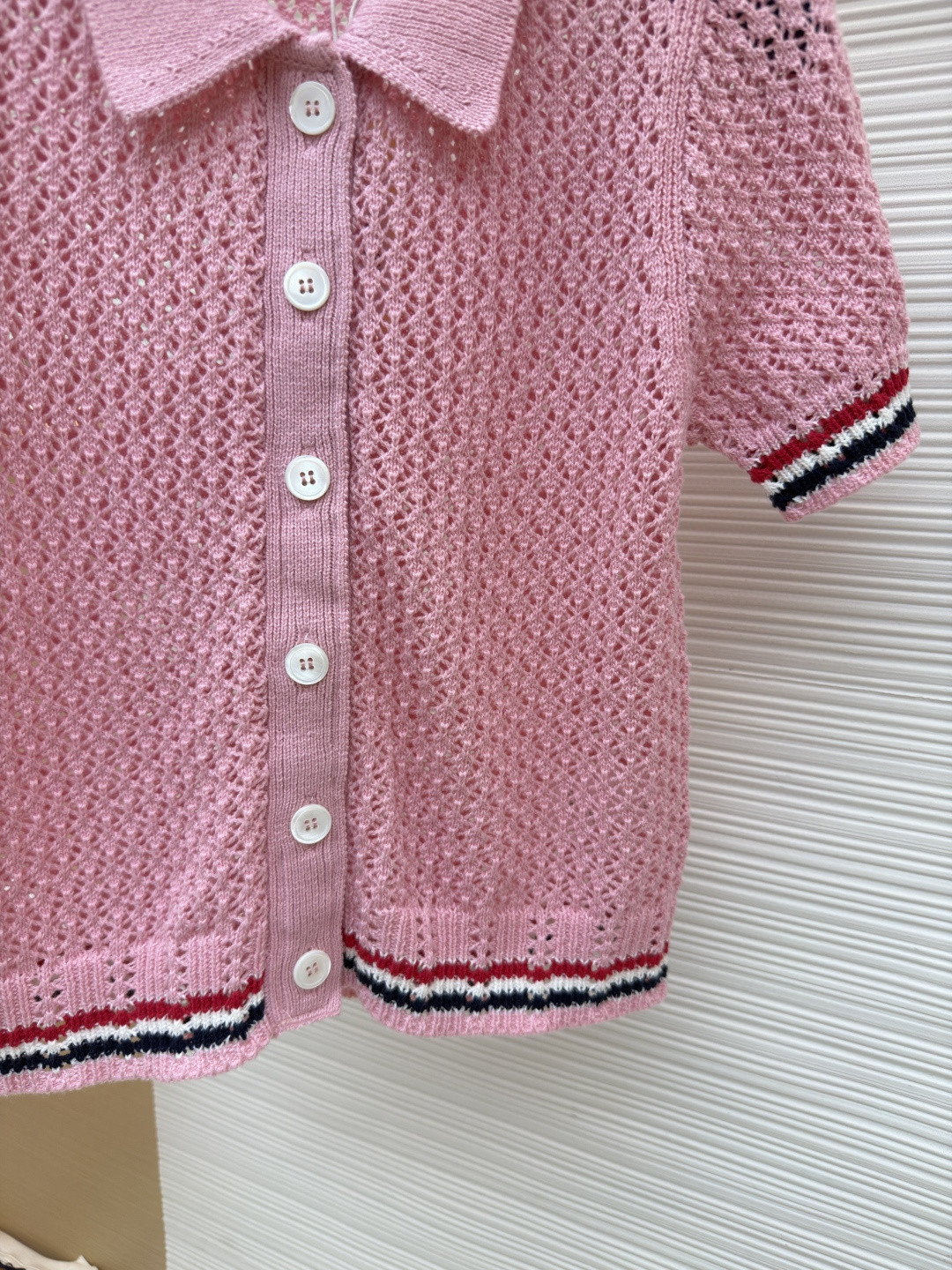 THOM BROWNE 条纹镂空针织衫 开衫 短袖 女款 灰色 蓝色 藏蓝色 粉色 B0 FKC694A-Y3062-065