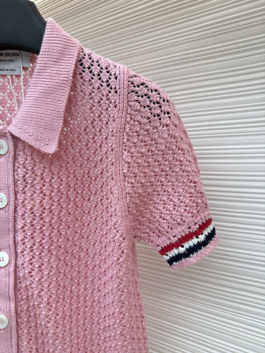 THOM BROWNE 条纹镂空针织衫 开衫 短袖 女款 灰色 蓝色 藏蓝色 粉色 B0 FKC694A-Y3062-065