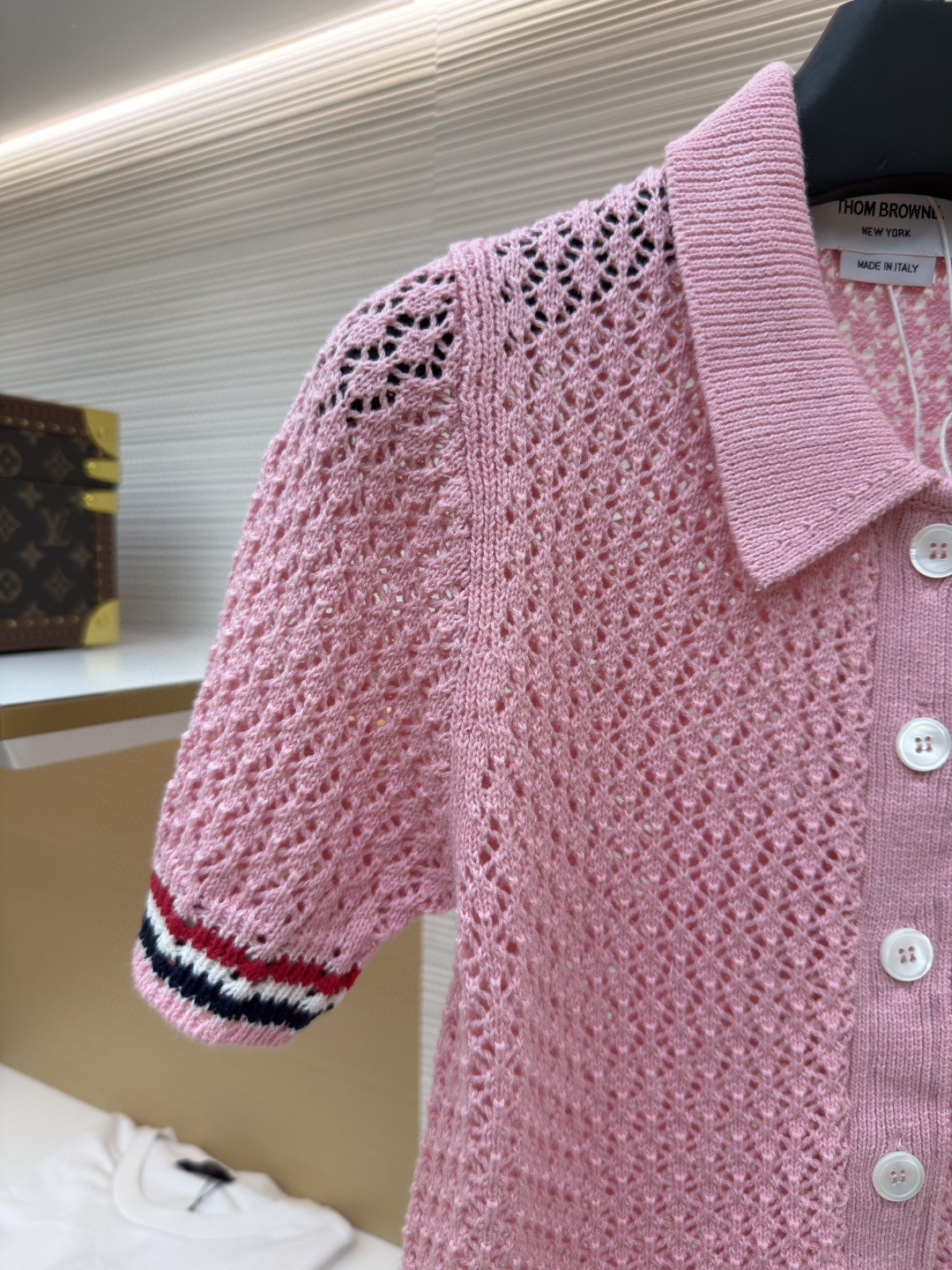 THOM BROWNE 条纹镂空针织衫 开衫 短袖 女款 灰色 蓝色 藏蓝色 粉色 B0 FKC694A-Y3062-065