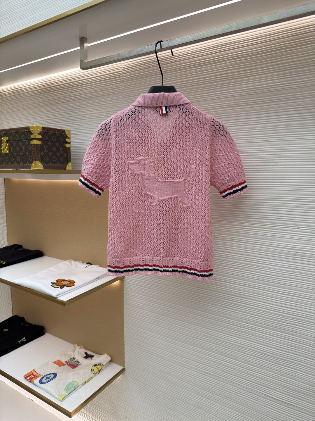 THOM BROWNE 条纹镂空针织衫 开衫 短袖 女款 灰色 蓝色 藏蓝色 粉色 B0 FKC694A-Y3062-065