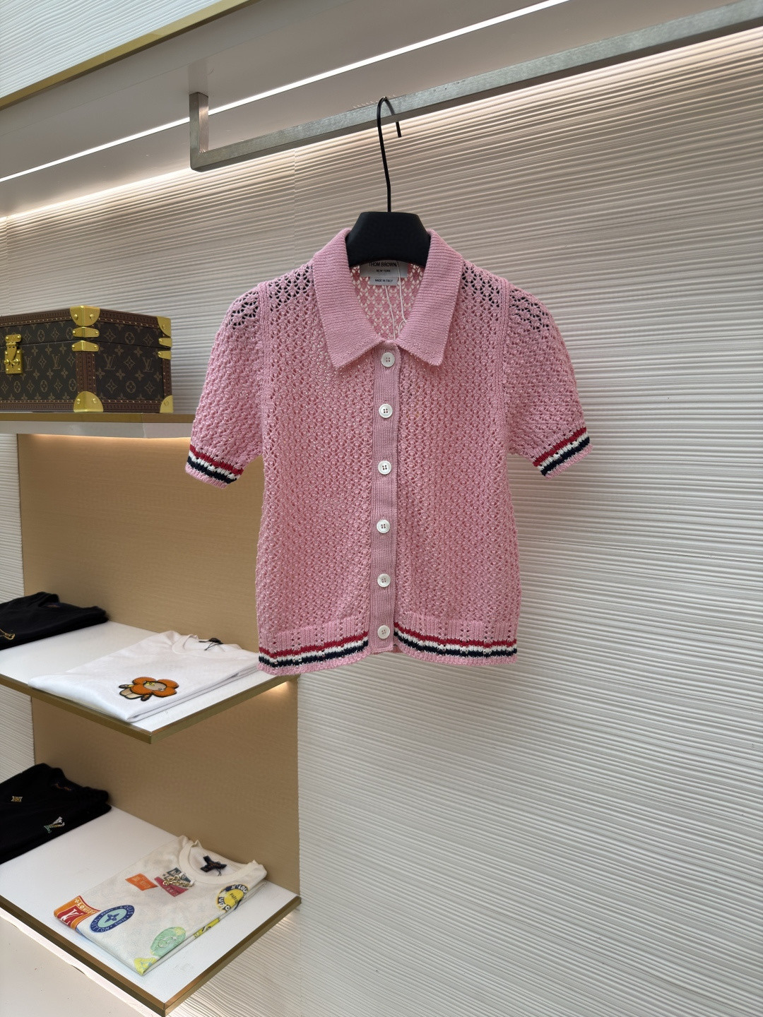 THOM BROWNE 条纹镂空针织衫 开衫 短袖 女款 灰色 蓝色 藏蓝色 粉色 B0 FKC694A-Y3062-065