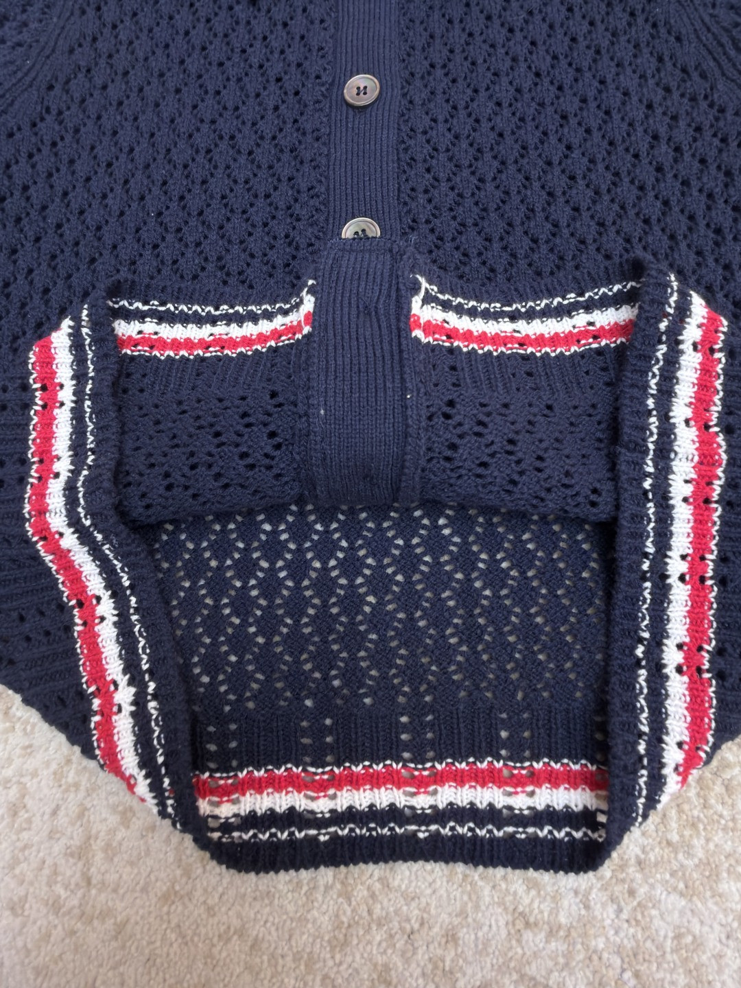 THOM BROWNE 条纹镂空针织衫 开衫 短袖 女款 灰色 蓝色 藏蓝色 粉色 B0 FKC694A-Y3062-065