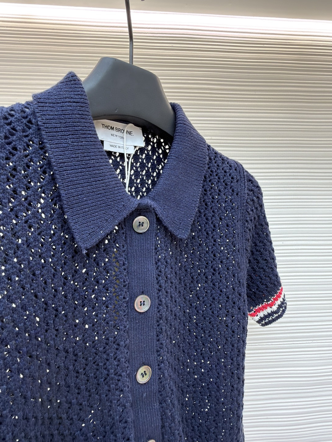 THOM BROWNE 条纹镂空针织衫 开衫 短袖 女款 灰色 蓝色 藏蓝色 粉色 B0 FKC694A-Y3062-065