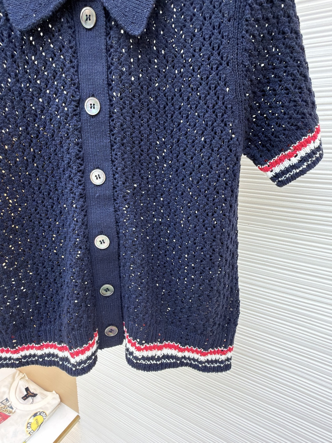 THOM BROWNE 条纹镂空针织衫 开衫 短袖 女款 灰色 蓝色 藏蓝色 粉色 B0 FKC694A-Y3062-065