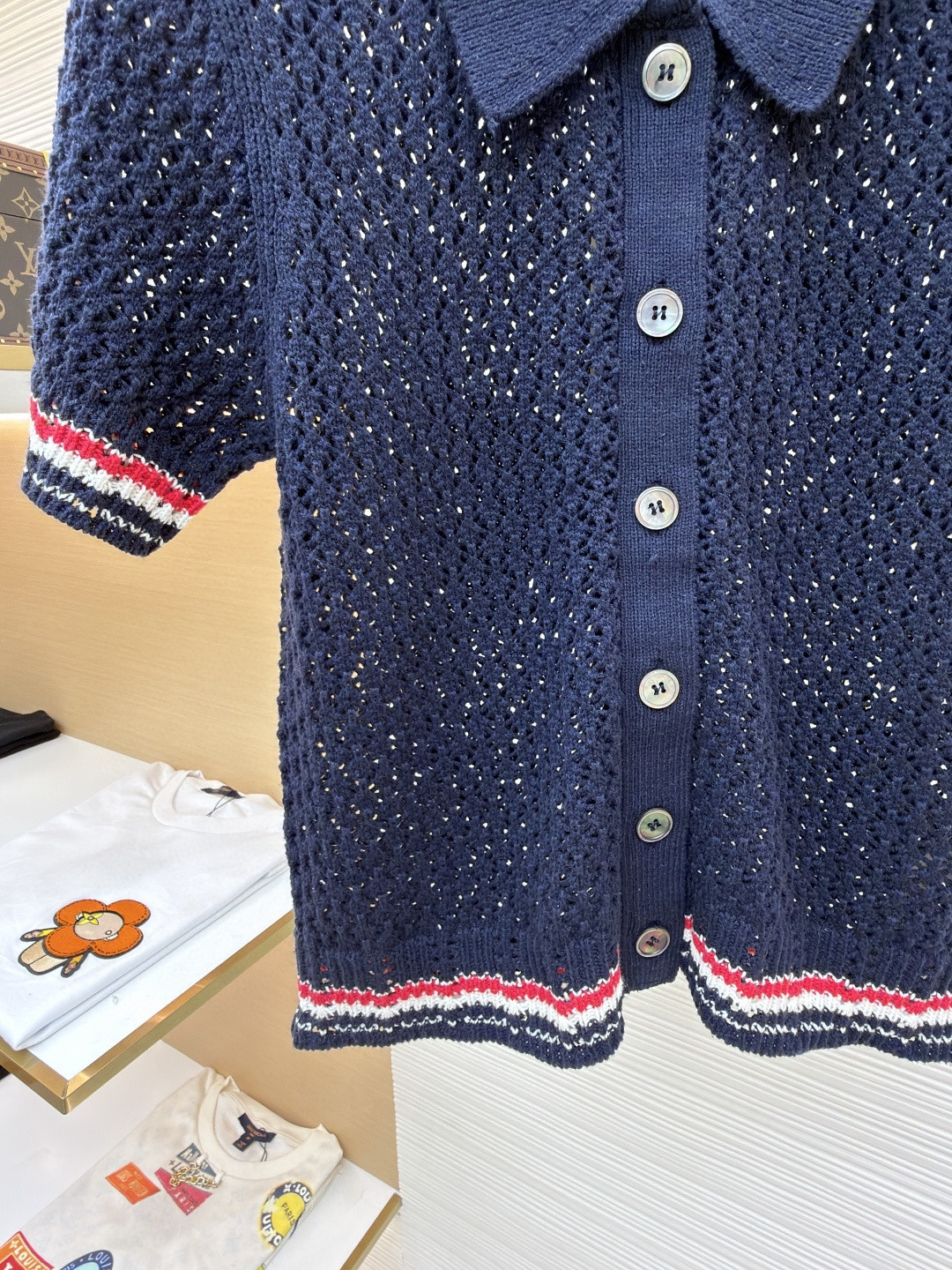 THOM BROWNE 条纹镂空针织衫 开衫 短袖 女款 灰色 蓝色 藏蓝色 粉色 B0 FKC694A-Y3062-065