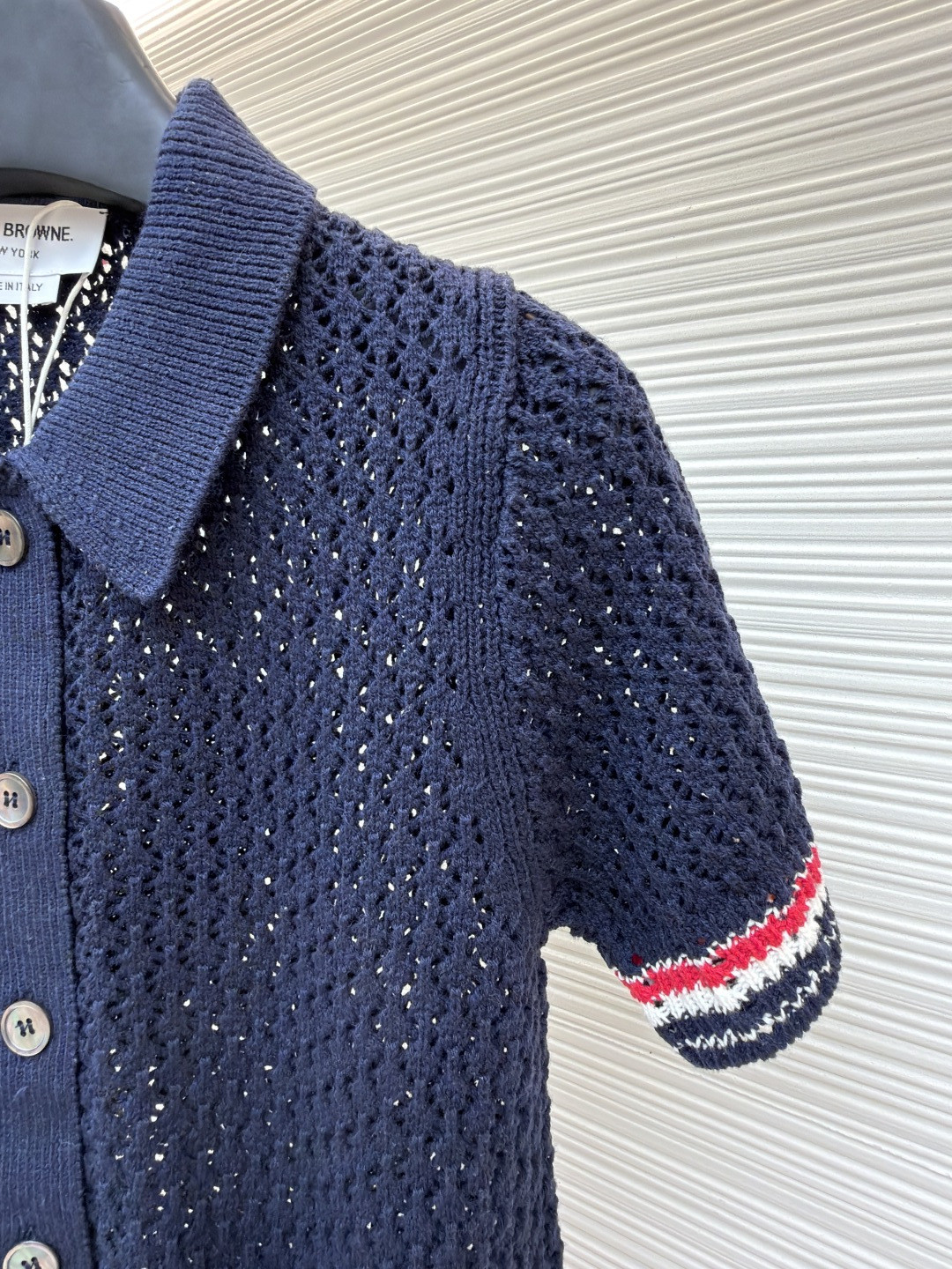 THOM BROWNE 条纹镂空针织衫 开衫 短袖 女款 灰色 蓝色 藏蓝色 粉色 B0 FKC694A-Y3062-065