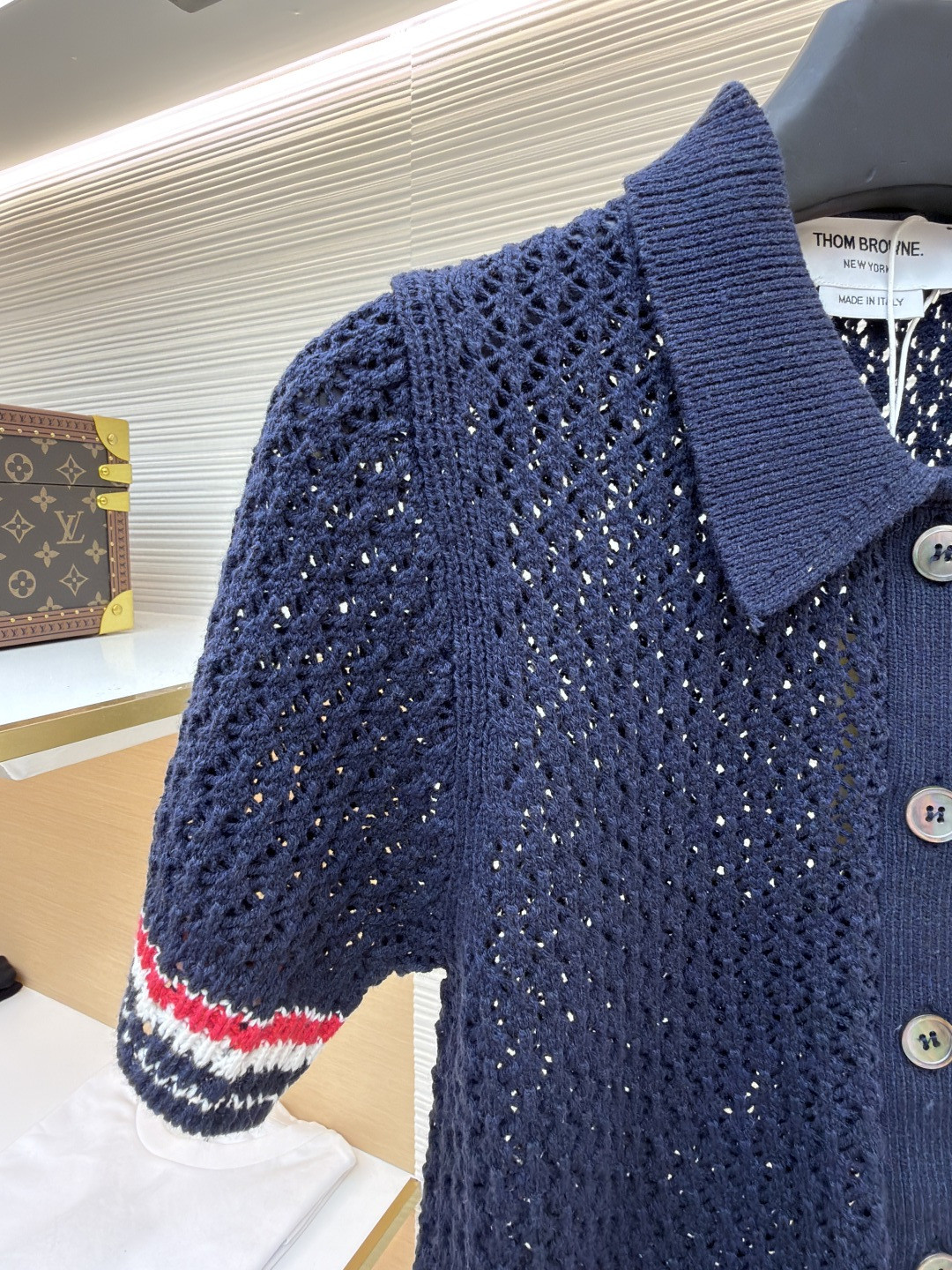 THOM BROWNE 条纹镂空针织衫 开衫 短袖 女款 灰色 蓝色 藏蓝色 粉色 B0 FKC694A-Y3062-065