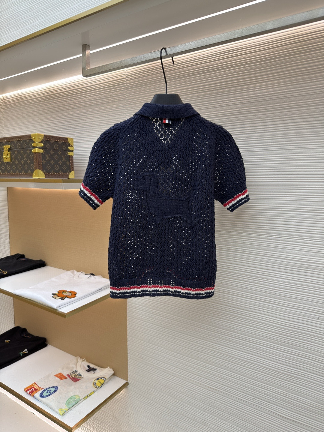 THOM BROWNE 条纹镂空针织衫 开衫 短袖 女款 灰色 蓝色 藏蓝色 粉色 B0 FKC694A-Y3062-065