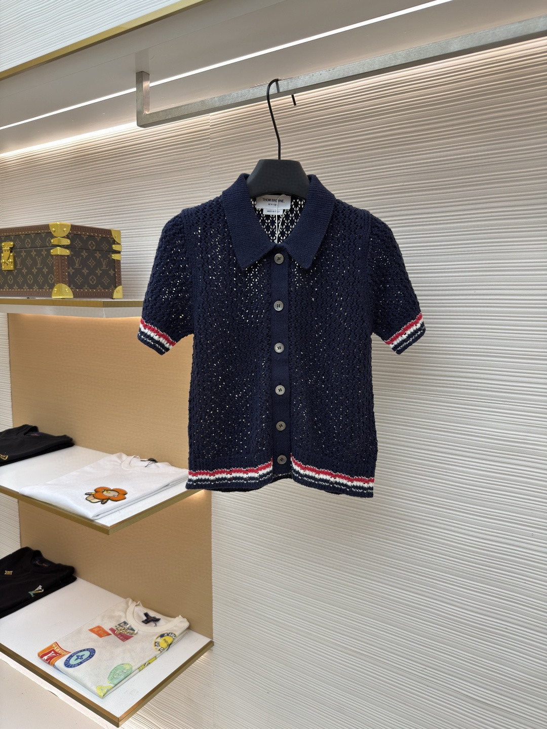 THOM BROWNE 条纹镂空针织衫 开衫 短袖 女款 灰色 蓝色 藏蓝色 粉色 B0 FKC694A-Y3062-065