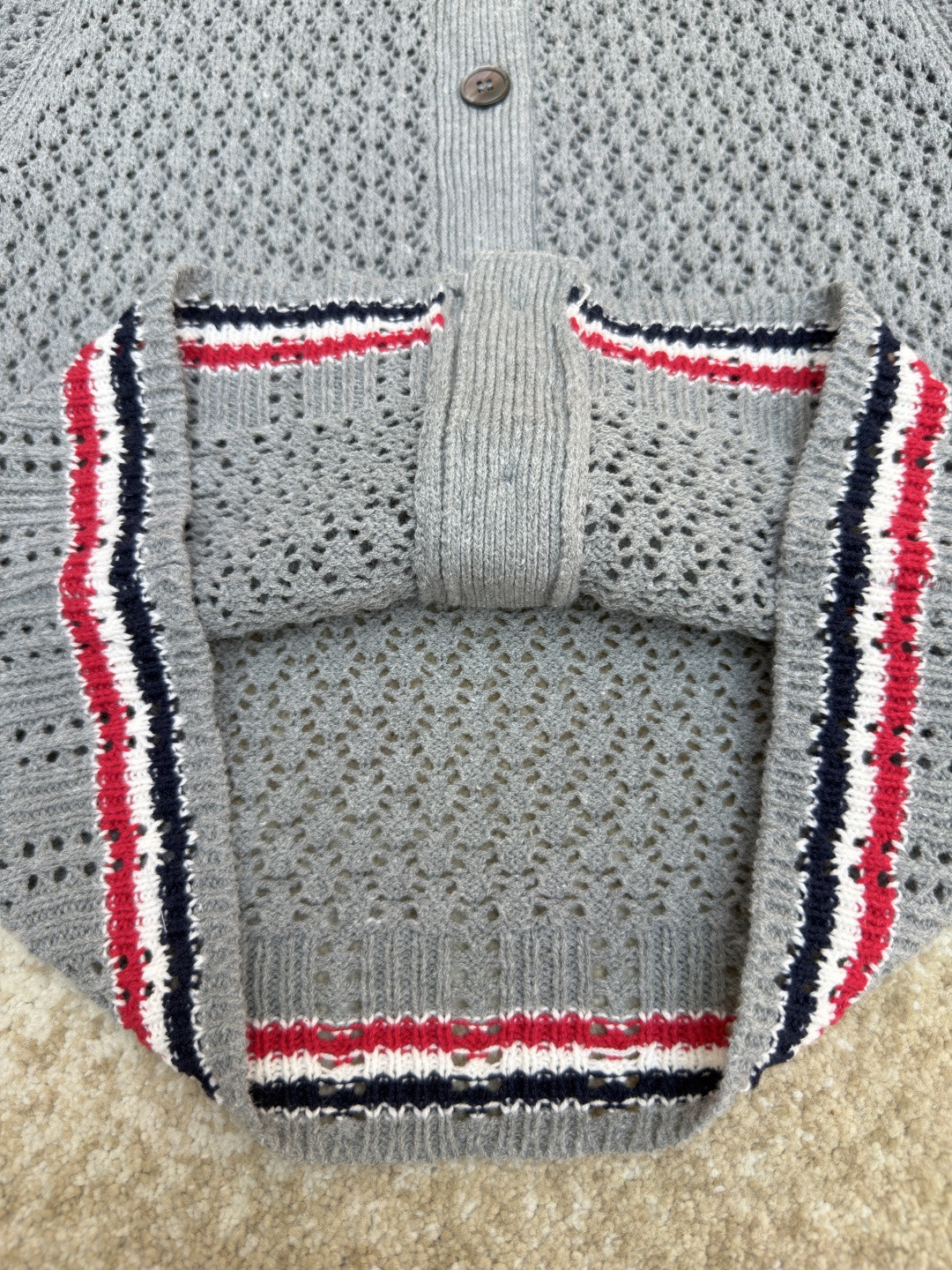 THOM BROWNE 条纹镂空针织衫 开衫 短袖 女款 灰色 蓝色 藏蓝色 粉色 B0 FKC694A-Y3062-065