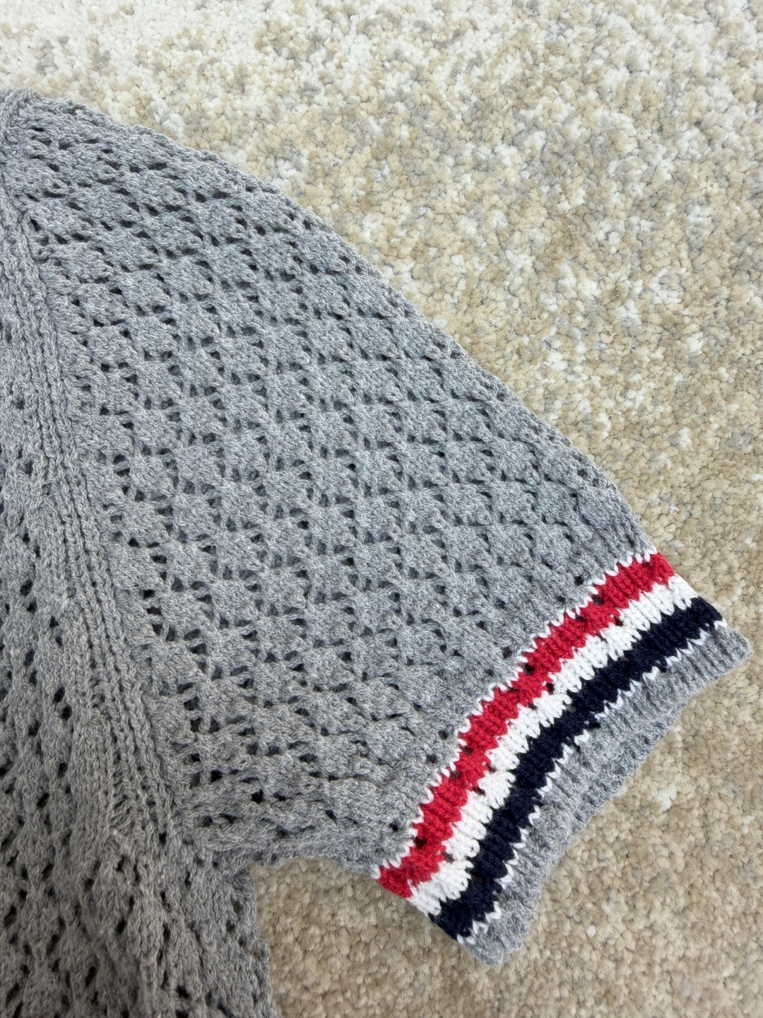 THOM BROWNE 条纹镂空针织衫 开衫 短袖 女款 灰色 蓝色 藏蓝色 粉色 B0 FKC694A-Y3062-065