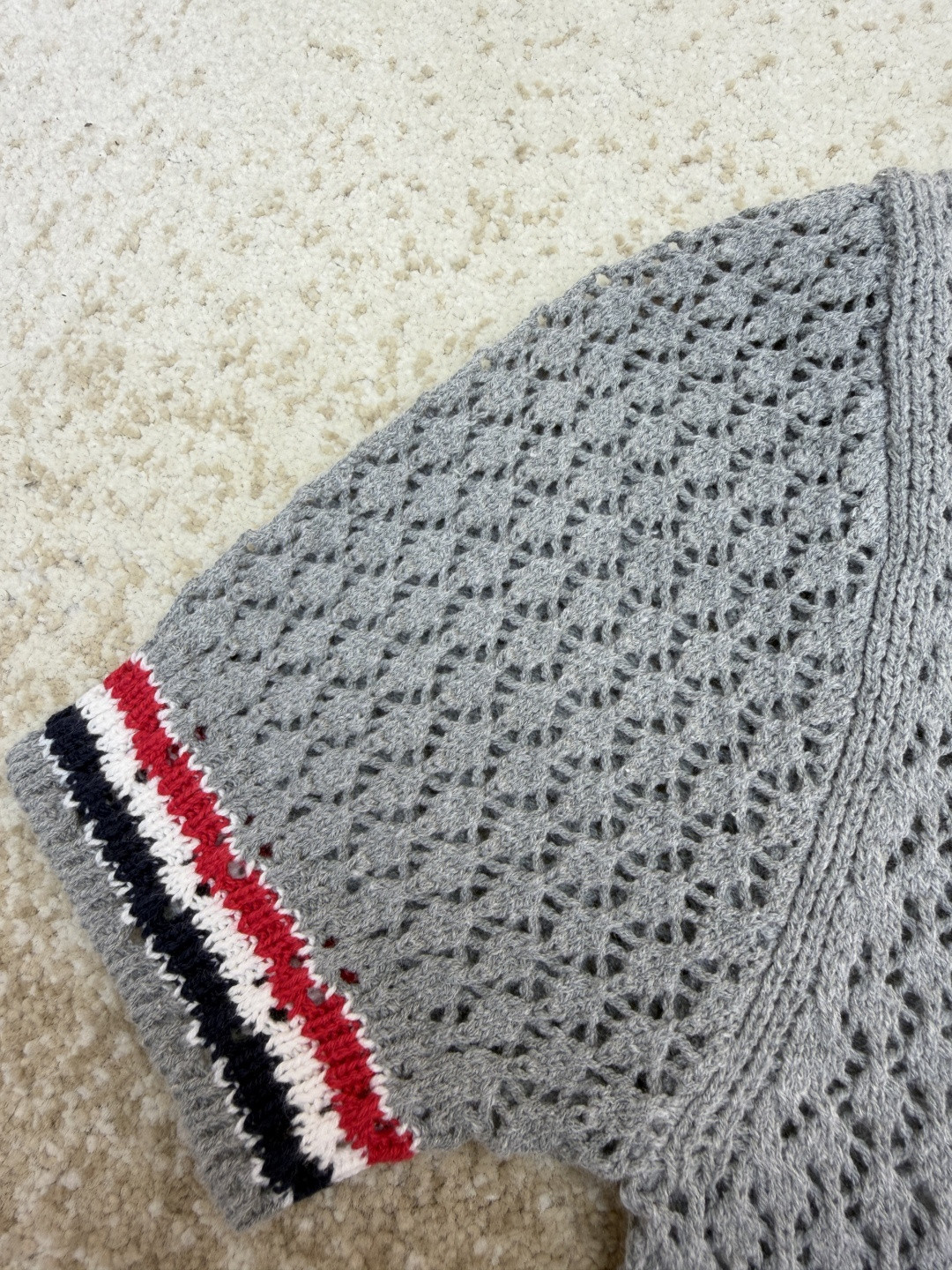 THOM BROWNE 条纹镂空针织衫 开衫 短袖 女款 灰色 蓝色 藏蓝色 粉色 B0 FKC694A-Y3062-065