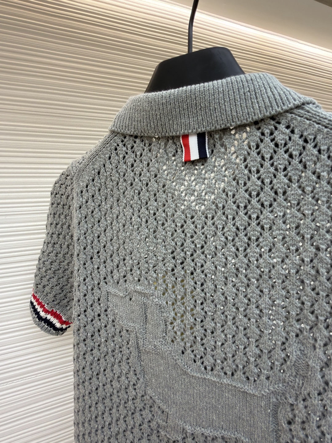 THOM BROWNE 条纹镂空针织衫 开衫 短袖 女款 灰色 蓝色 藏蓝色 粉色 B0 FKC694A-Y3062-065
