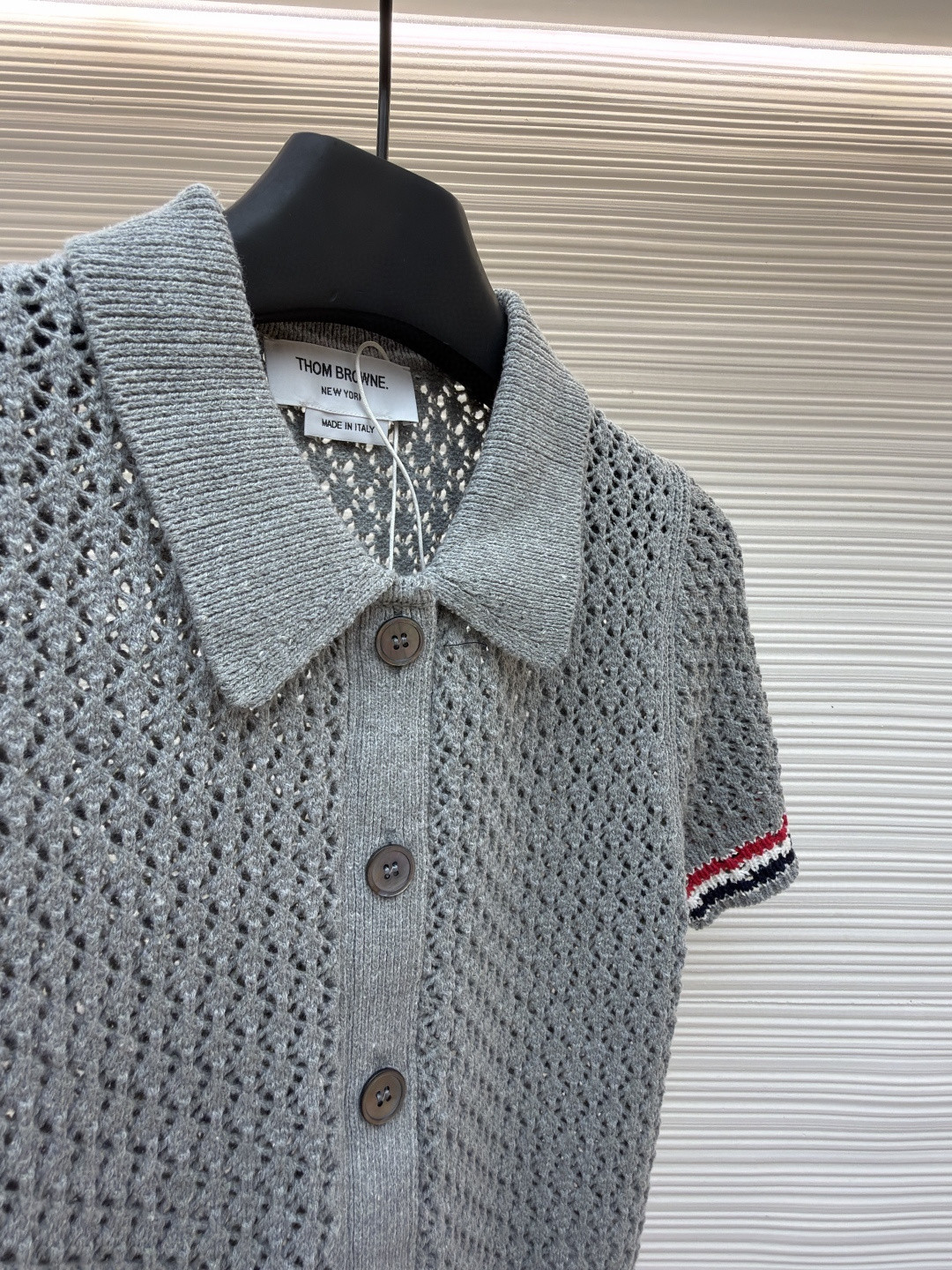 THOM BROWNE 条纹镂空针织衫 开衫 短袖 女款 灰色 蓝色 藏蓝色 粉色 B0 FKC694A-Y3062-065