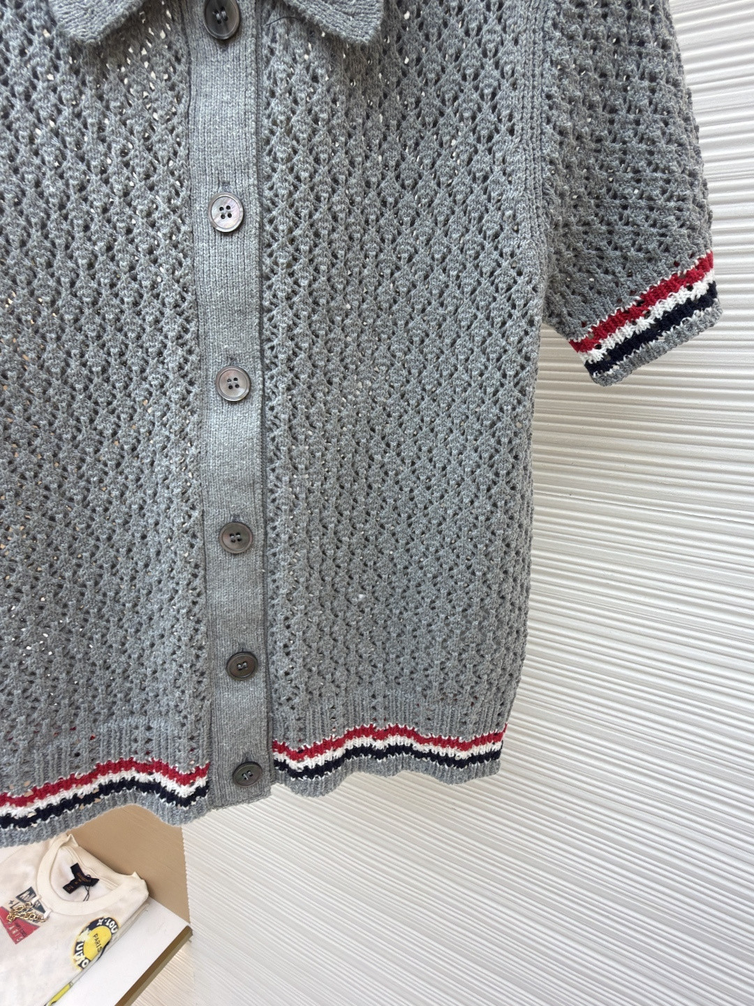 THOM BROWNE 条纹镂空针织衫 开衫 短袖 女款 灰色 蓝色 藏蓝色 粉色 B0 FKC694A-Y3062-065